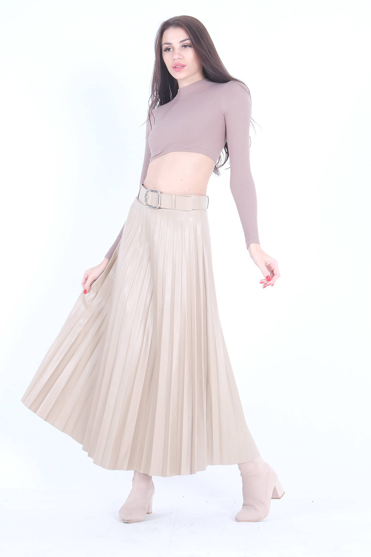 Bej Pliseli Deri Etek 4591002.55 - Ardanewline