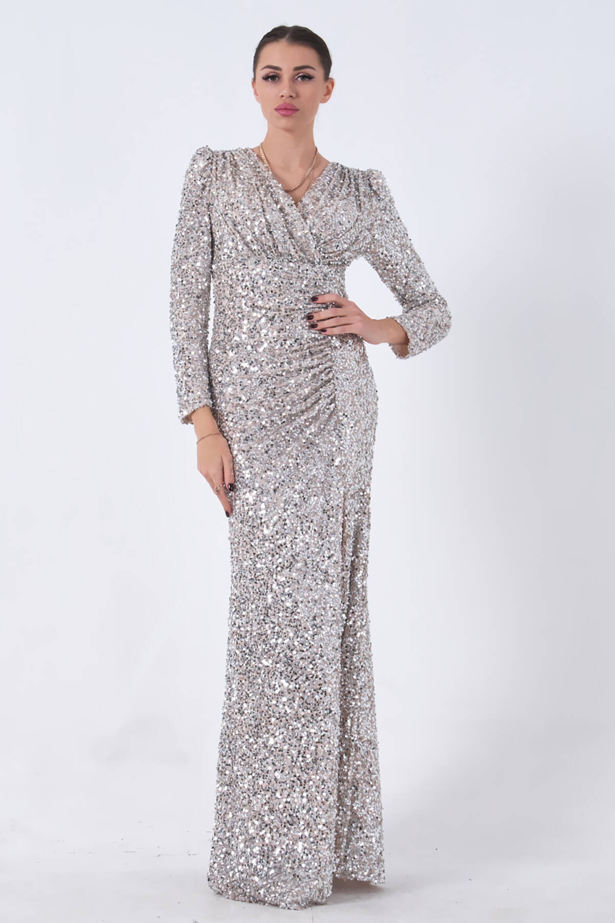 Bej Pul Payetli Drapeli Önü Yırtmaçlı Abiye 9705393.55 - Ardanewline (1)