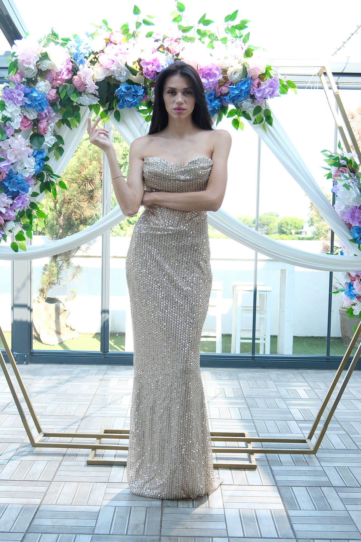 Bej Pul Taş İşlemeli Straplez Balık Abiye 9705304.55 - Ardanewline