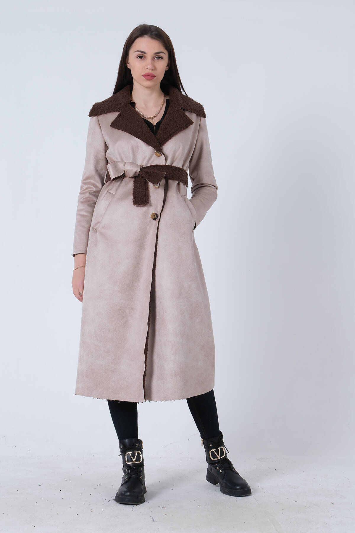 Bej Süet Düğmeli Seyyar Kemerli Kaban 0108087.55 - Ardanewline