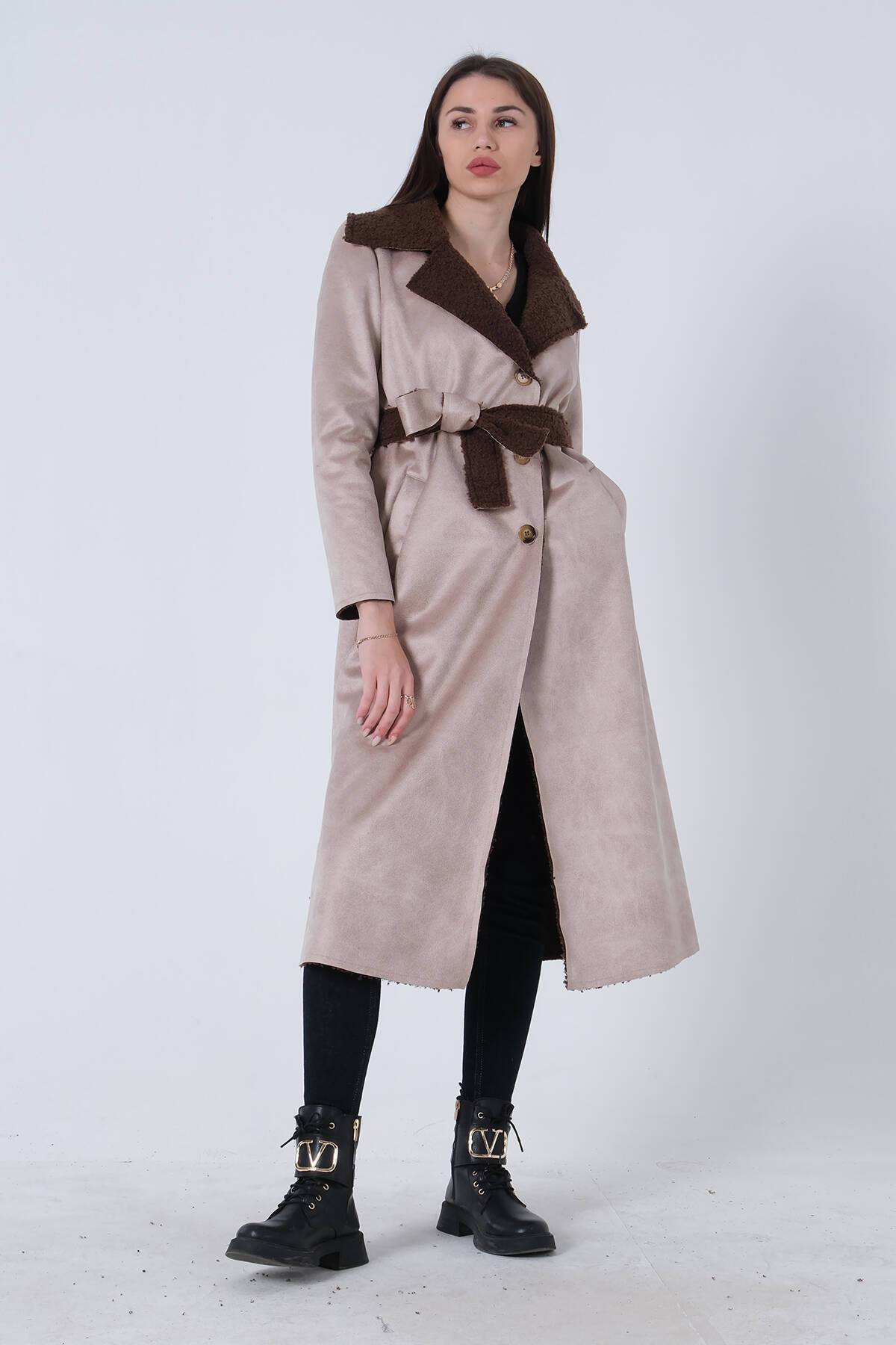 Bej Süet Düğmeli Seyyar Kemerli Kaban 0108087.55 - Ardanewline (1)