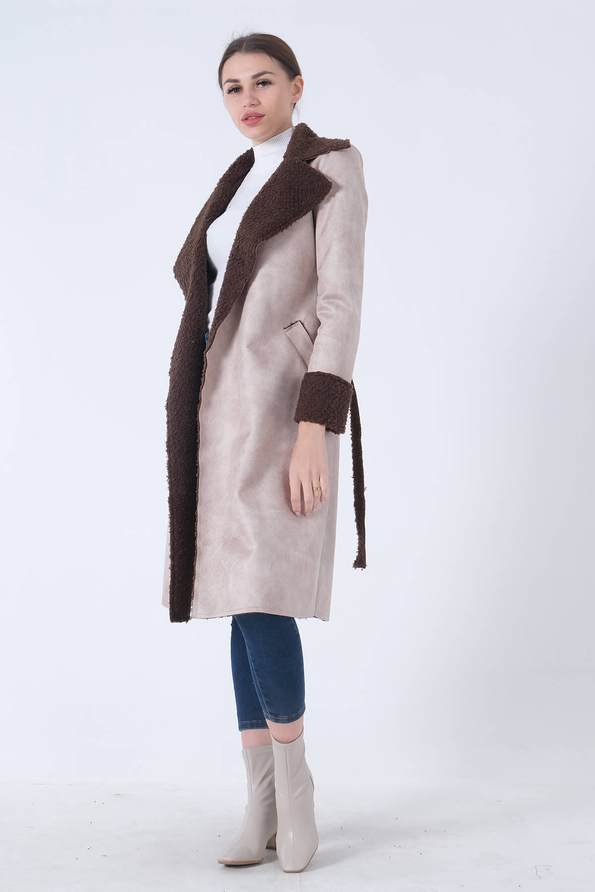 Bej Süet Kumaş Kemerli Kaban 0108085.55 - Ardanewline (1)