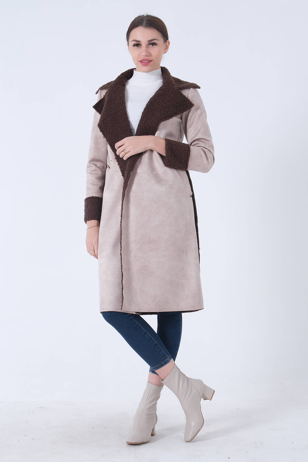 Bej Süet Kumaş Kemerli Kaban 0108085.55 - Ardanewline