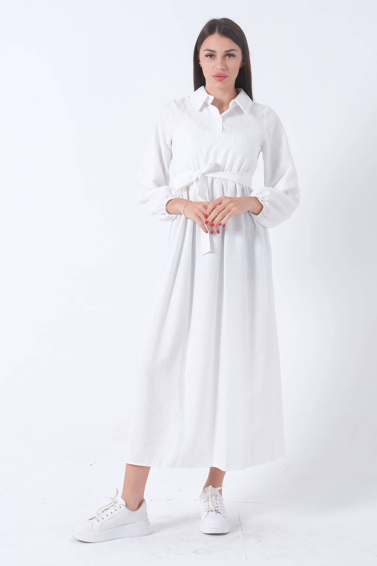 Beyaz Beli Lastikli Gömlek Yaka Kuşaklı Tesettür Elbise 4593296.15 - Ardanewline