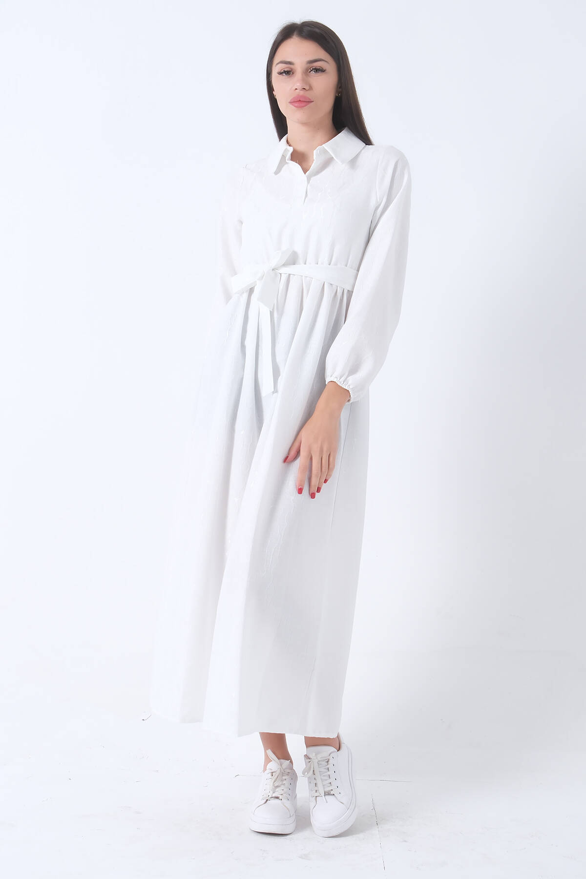Beyaz Beli Lastikli Gömlek Yaka Kuşaklı Tesettür Elbise 4593296.15 - Ardanewline (1)