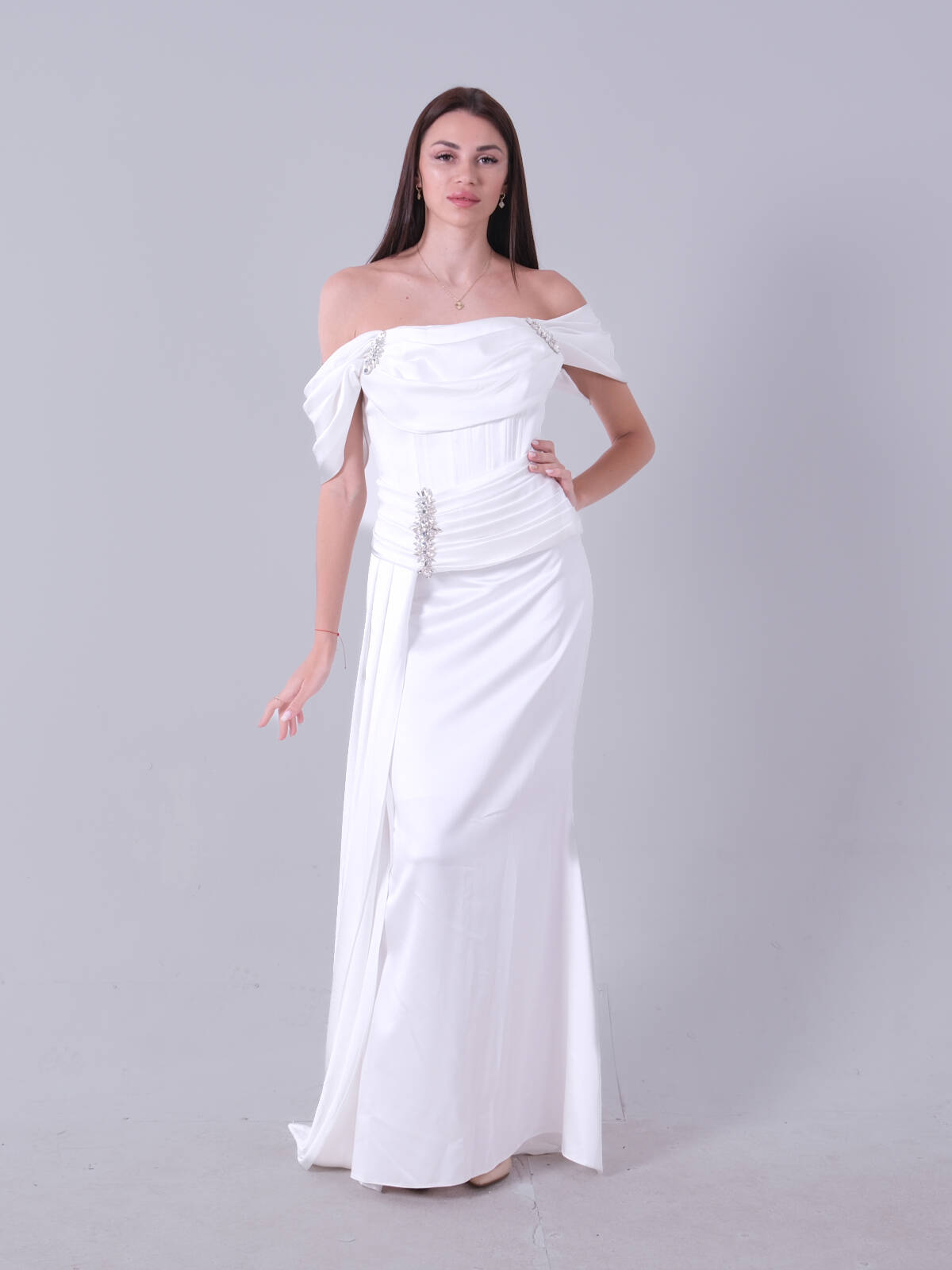 Beyaz Beli ve Omzu Taş Detaylı Kuşaklı Abiye 0801206.15 - Ardanewline (1)