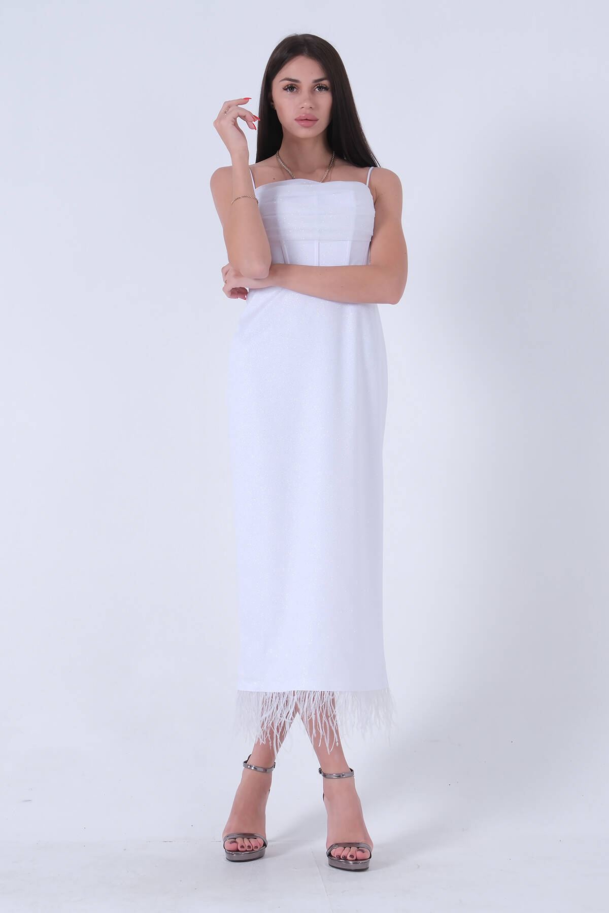 Beyaz Etek Ucu Tüylü Simli Tül Şanel Abiye Elbise 1302245.15 - Ardanewline (1)