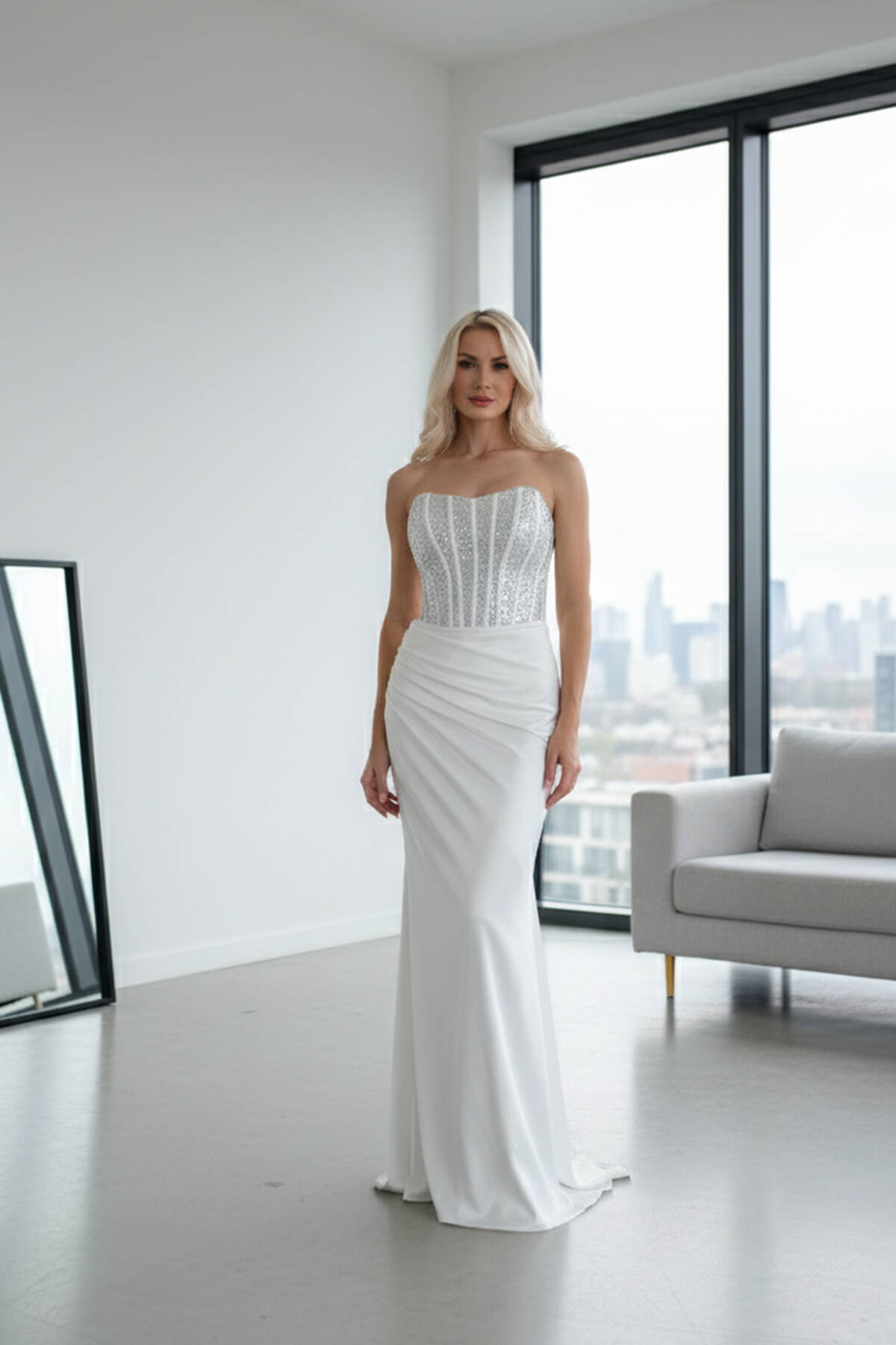 Beyaz Göğüs Pul ve Taşlı Saten Abiye 9705294.15 - Ardanewline