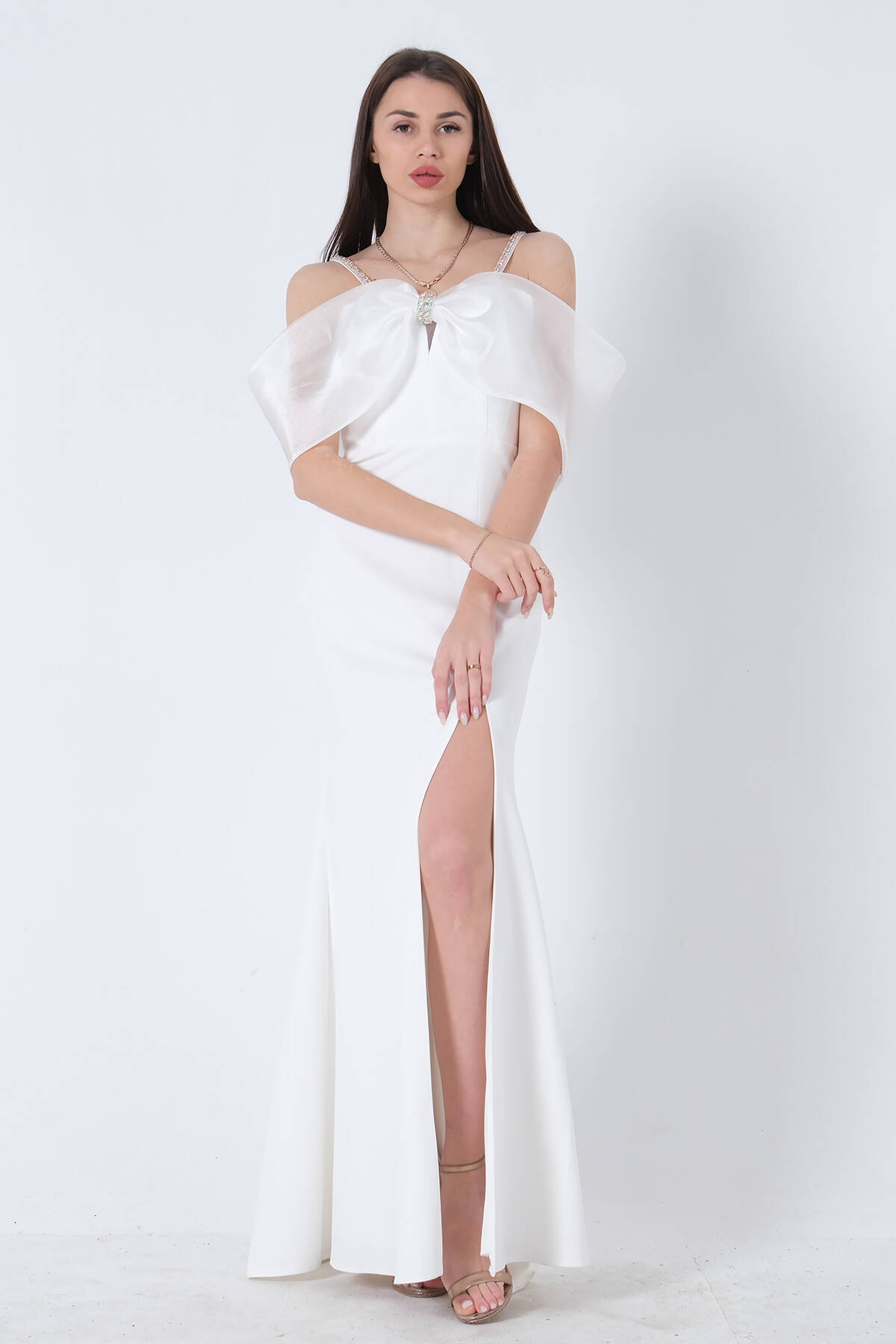 Beyaz Göğüs Taş Detaylı Yırtmaçlı Abiye 9705201.15 - Ardanewline (1)