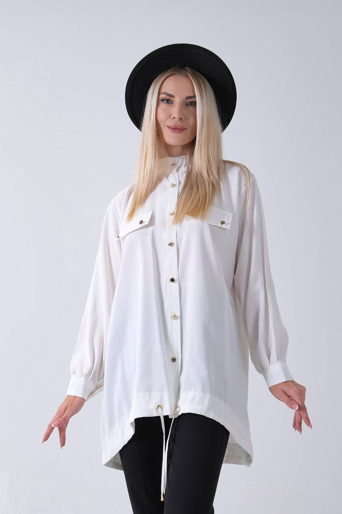 Beyaz Hakim Yaka Cep Kapak Detaylı Etek Ucu İpli Tunik 3972106.15 - Ardanewline