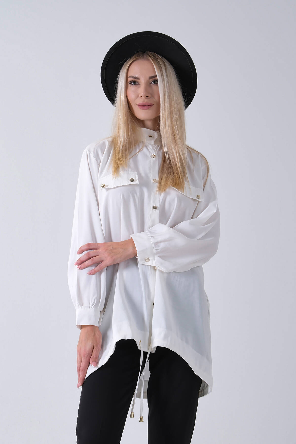Beyaz Hakim Yaka Cep Kapak Detaylı Etek Ucu İpli Tunik 3972106.15 - Ardanewline (1)