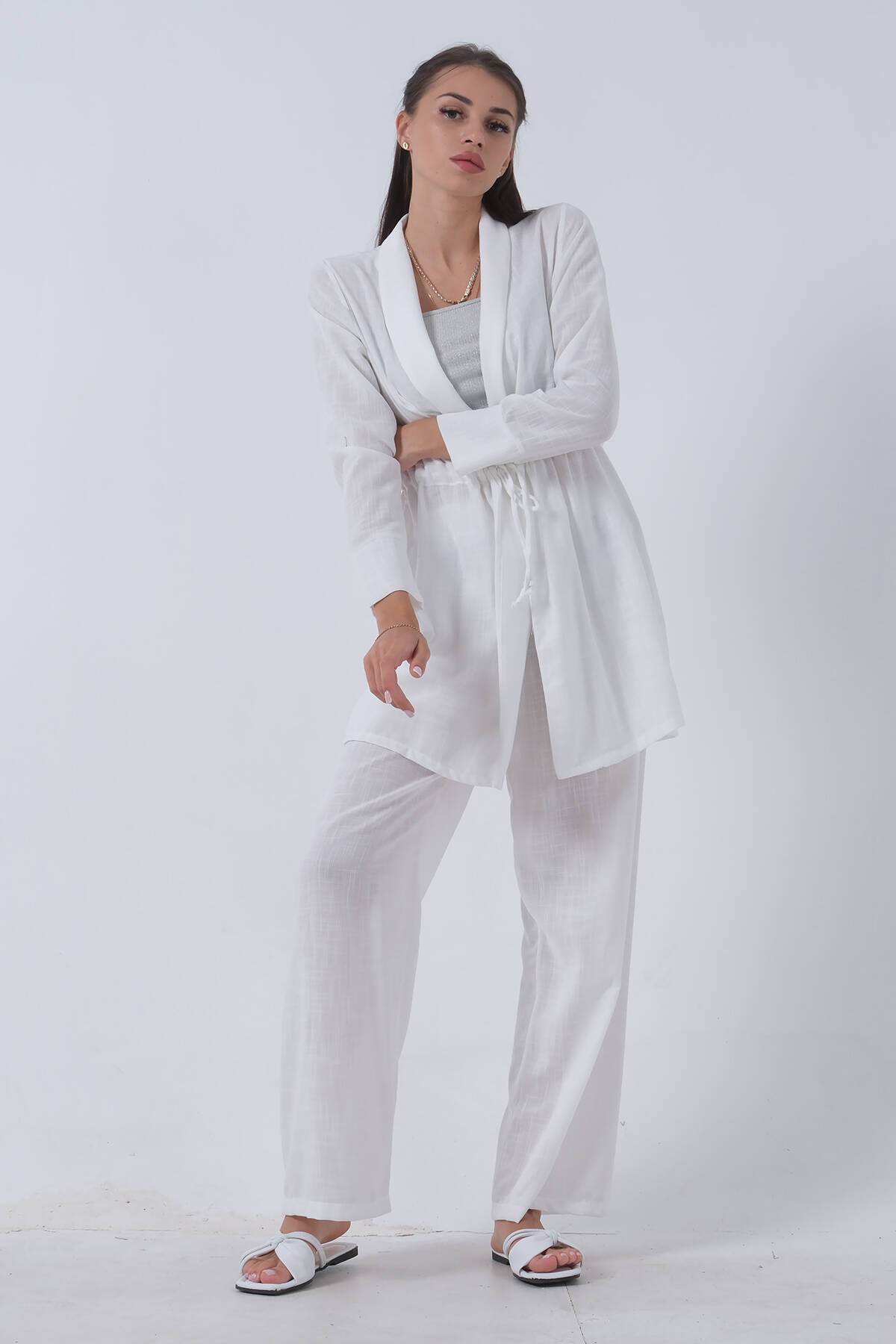 Beyaz Keten Pantolonlu Takım 0106319.15 - Ardanewline