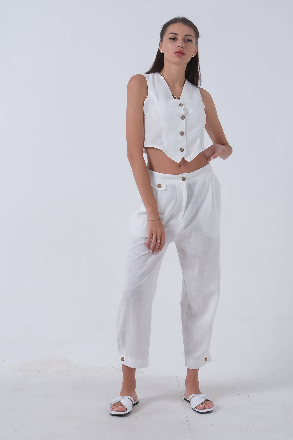 Beyaz Keten Yelekli Takım 0106321.15 - Ardanewline