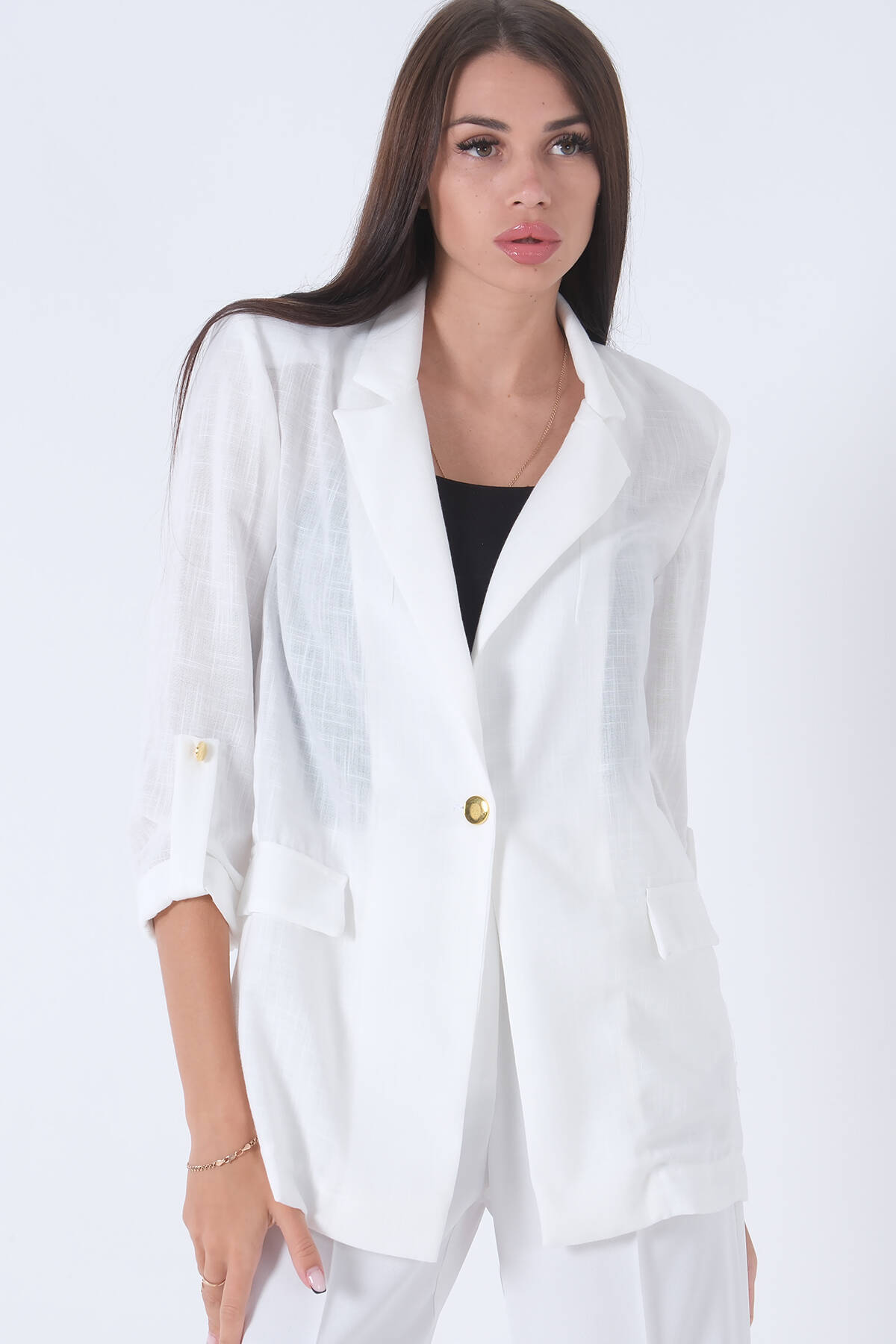 Beyaz Kolları Düğme Toparlamalı Keten Ceket 01051361.15 - Ardanewline