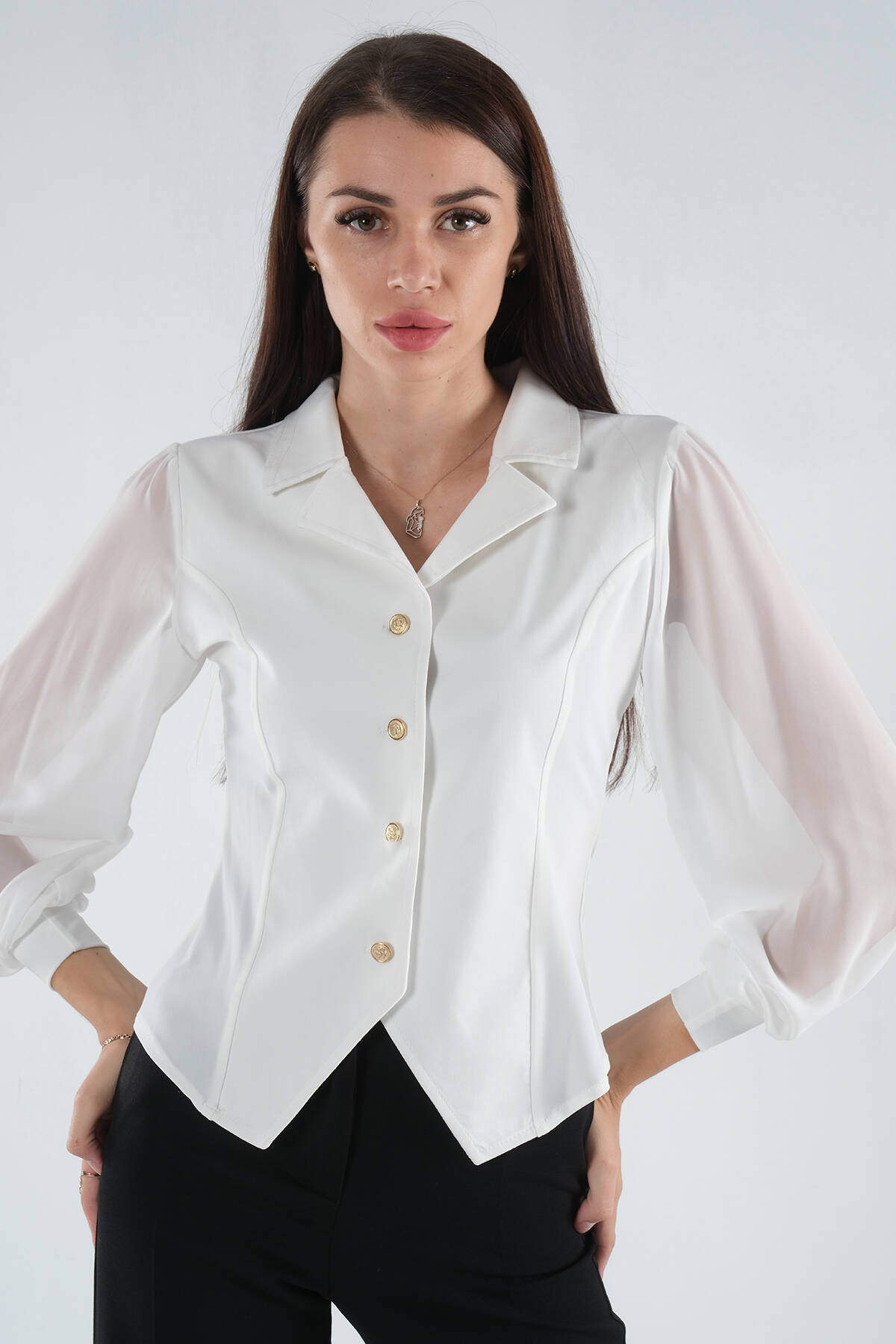 Beyaz Kolları Şifon Gömlek 4202643.15 - Ardanewline