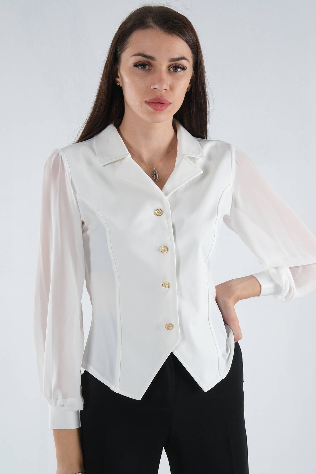 Beyaz Kolları Şifon Gömlek 4202643.15 - Ardanewline (1)