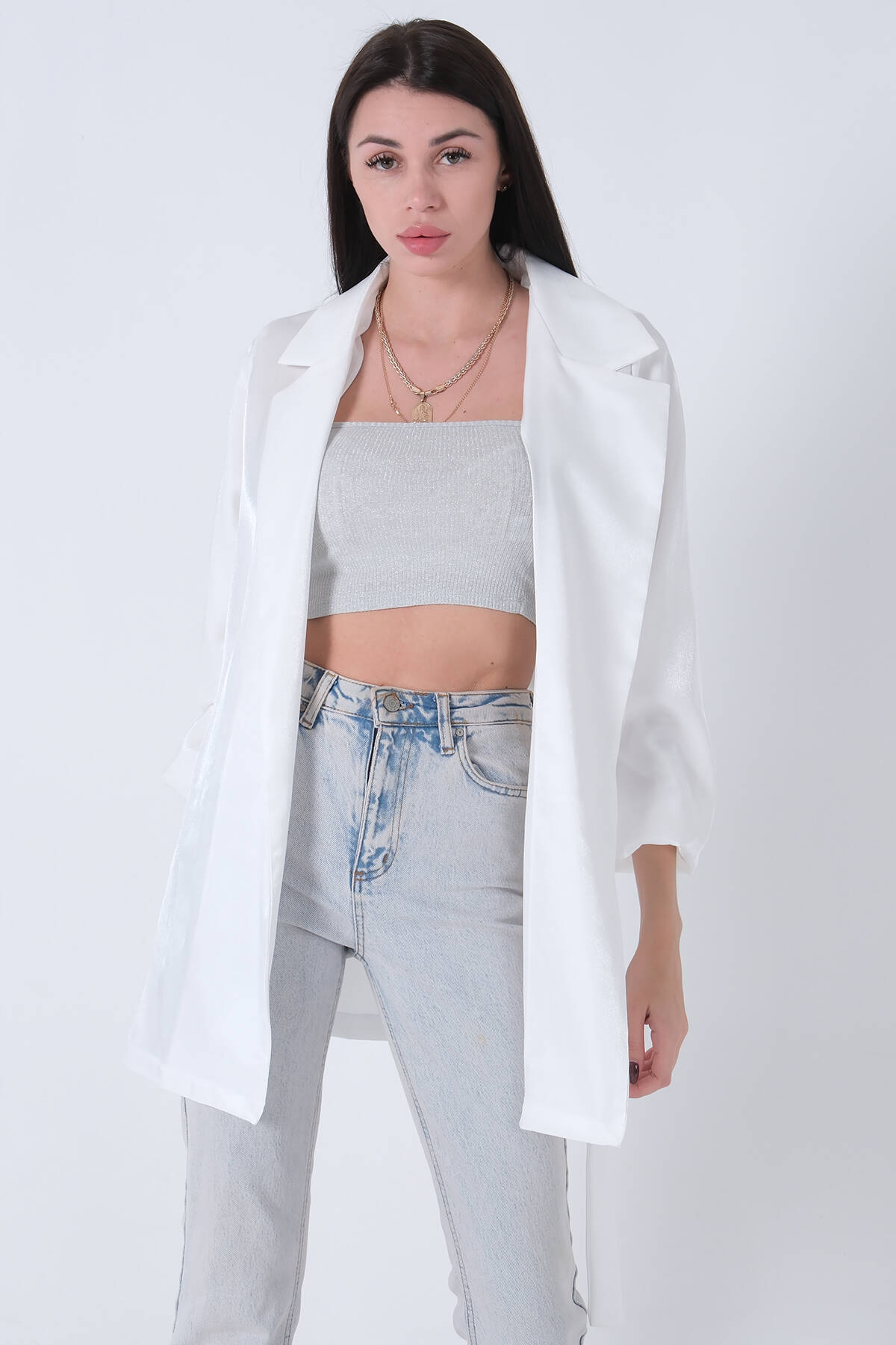 Beyaz Kolları Volanlı Monoray Saten Ceket 31050689.15 - Ardanewline
