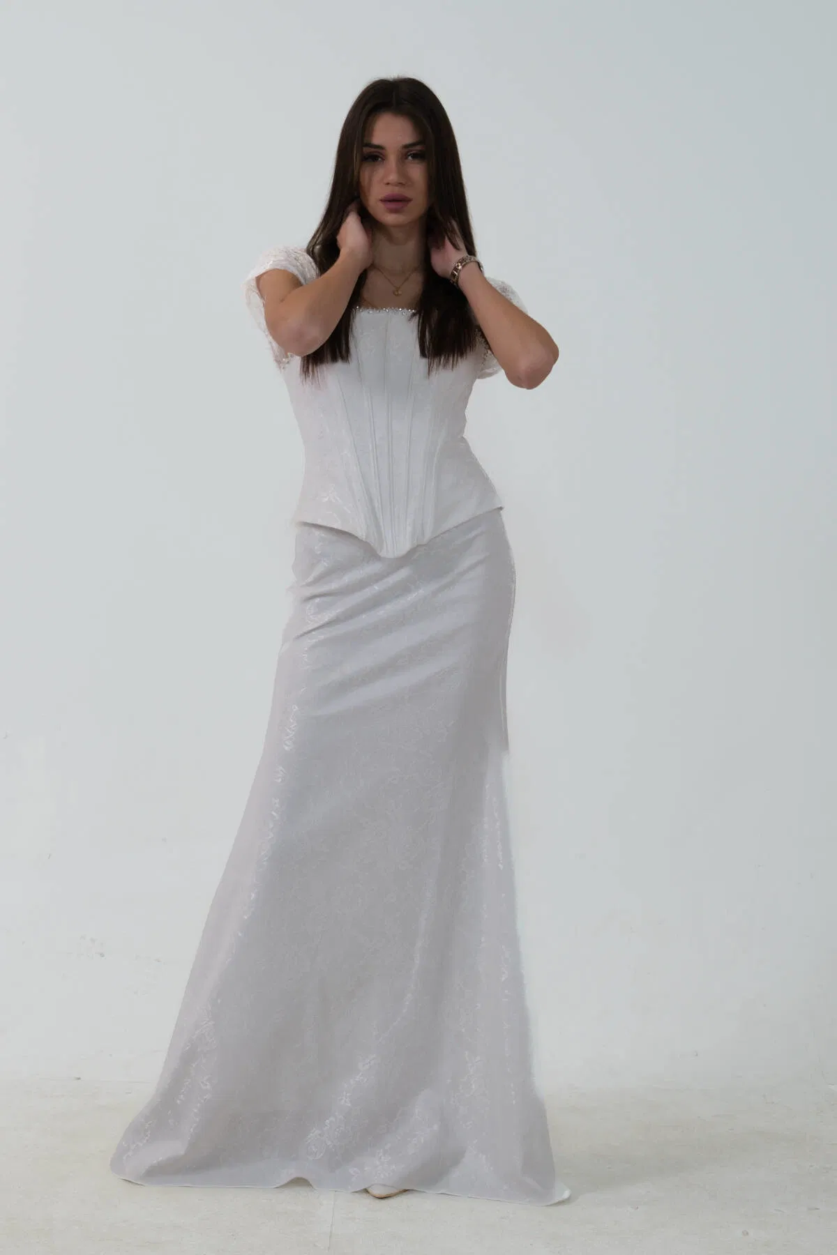 Beyaz Korse Detaylı Dantel Kapamalı Düşük Omuz Abiye 9705791.15 - Ardanewline