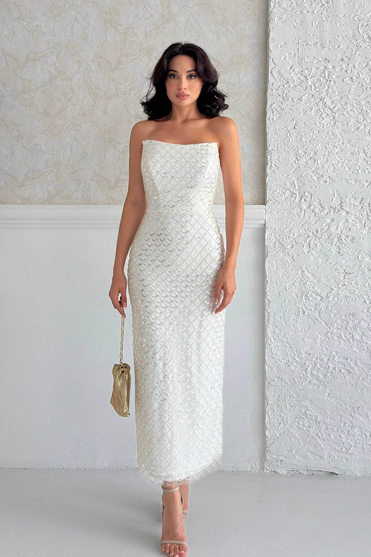 Beyaz Midi Boy Straplez Pul Payet Abiye 0801134.15 - Ardanewline