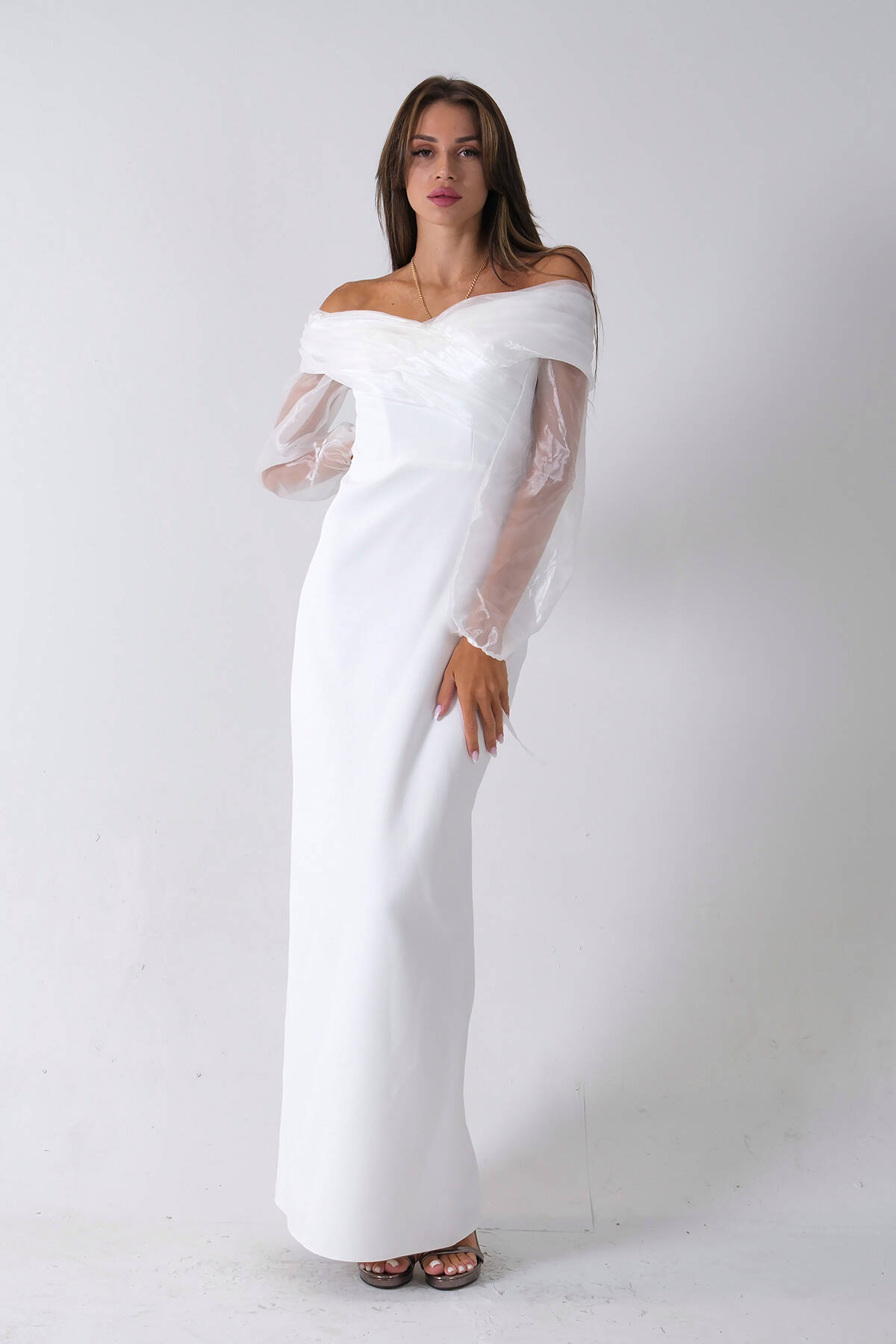 Beyaz Organze Kol Detaylı Kayık Yaka Abiye 0801086.15 - Ardanewline