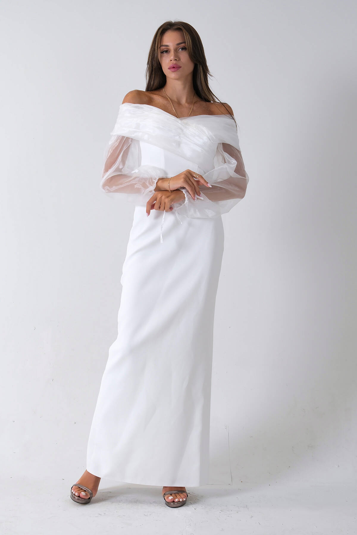 Beyaz Organze Kol Detaylı Kayık Yaka Abiye 0801086.15 - Ardanewline (1)