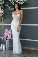 Beyaz Pul Taş İşlemeli Straplez Balık Abiye 9705304.15 - 1