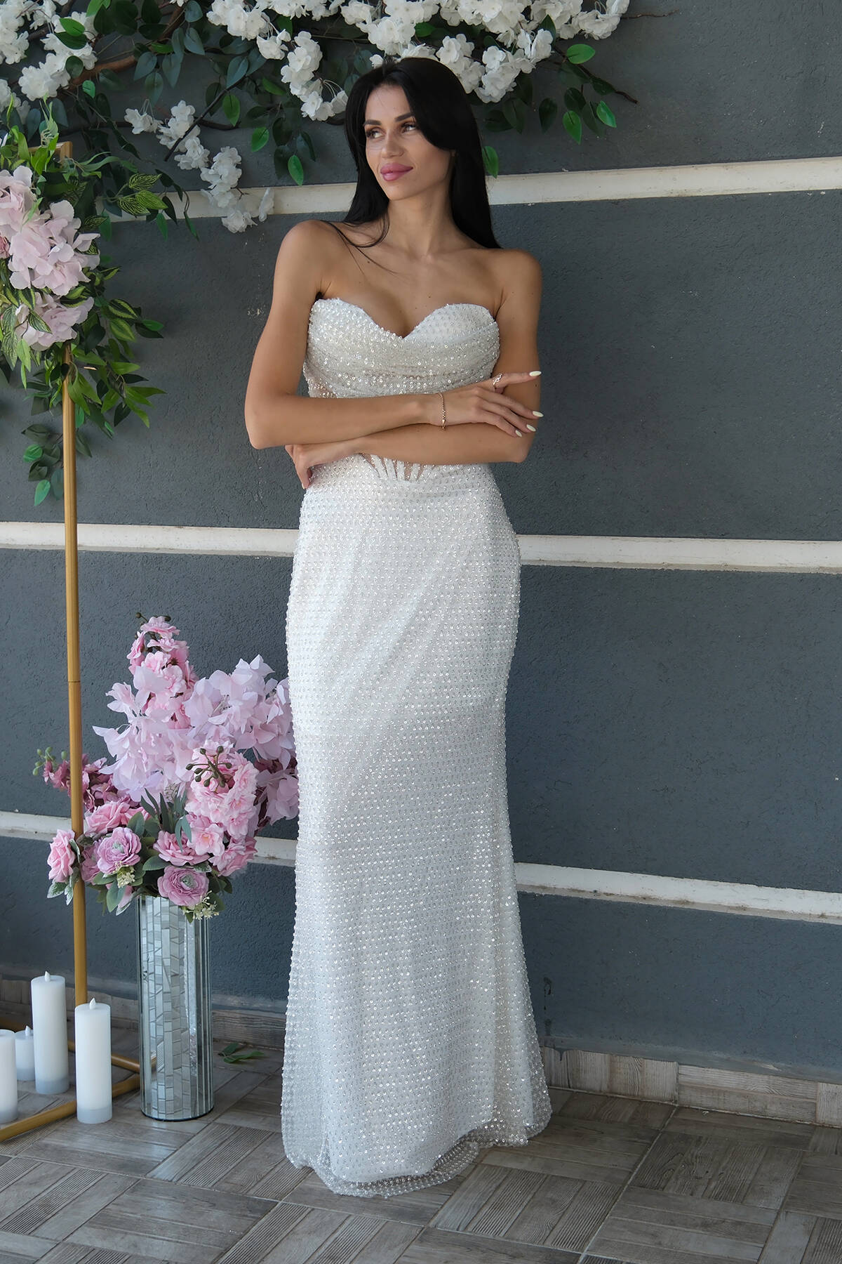 Beyaz Pul Taş İşlemeli Straplez Balık Abiye 9705304.15 - Ardanewline (1)