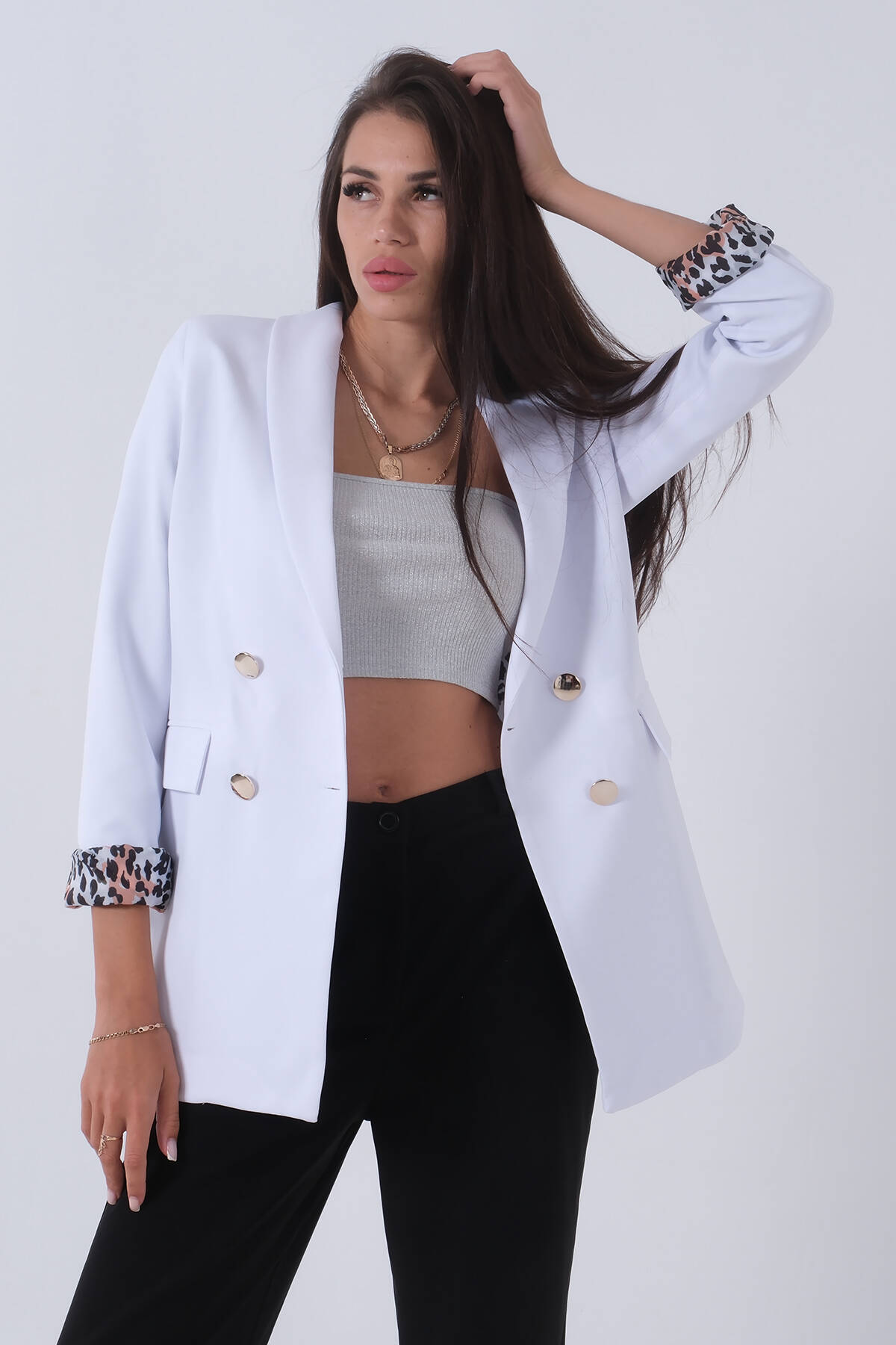 Beyaz Şal Yaka Leopar Astarlı Kruvaze Ceket 39711561.15 - Ardanewline