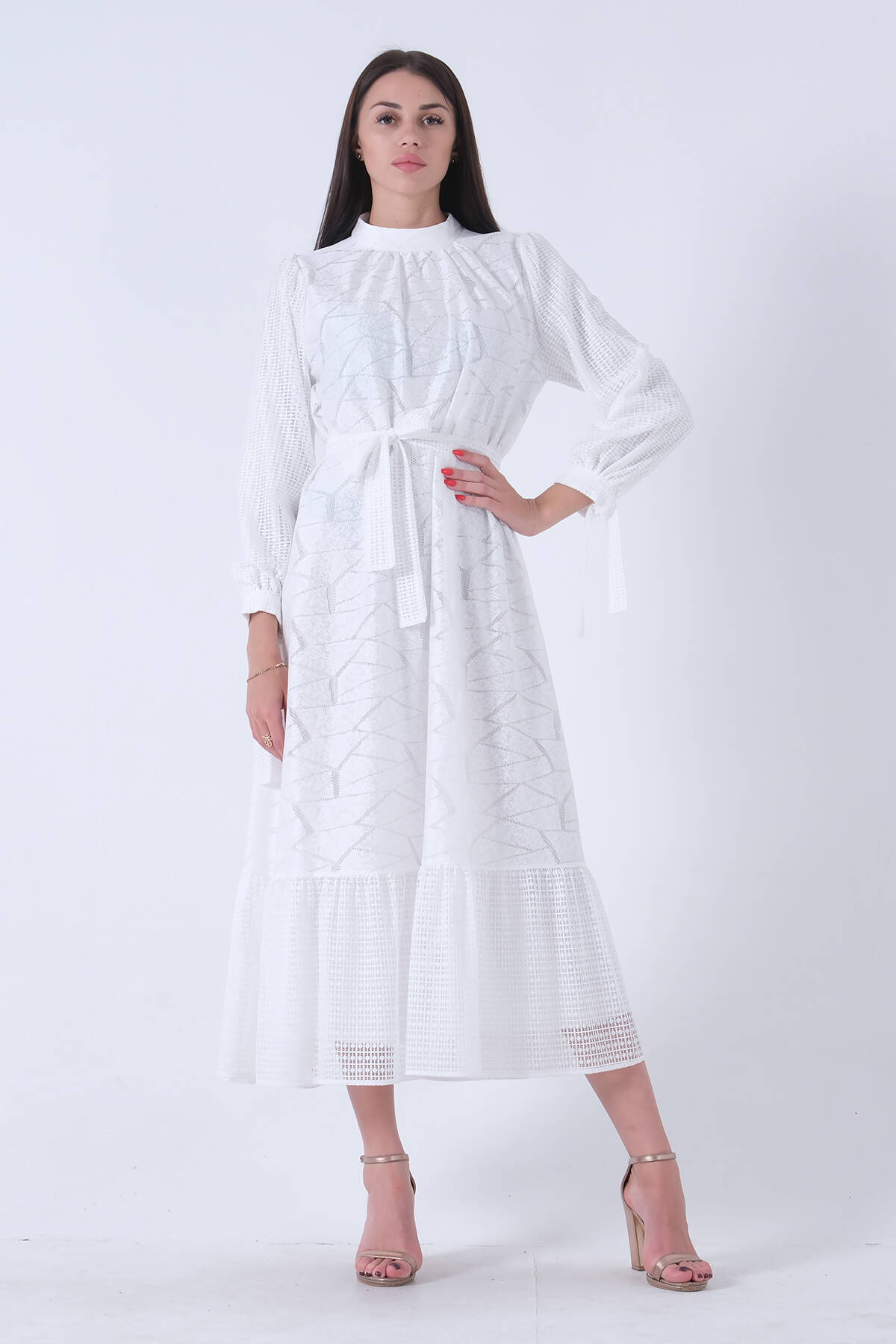 Beyaz Seyyar Kemerli Bilekten Bağlamalı Astarlı Tesettür Elbise 4571289.15 - Ardanewline