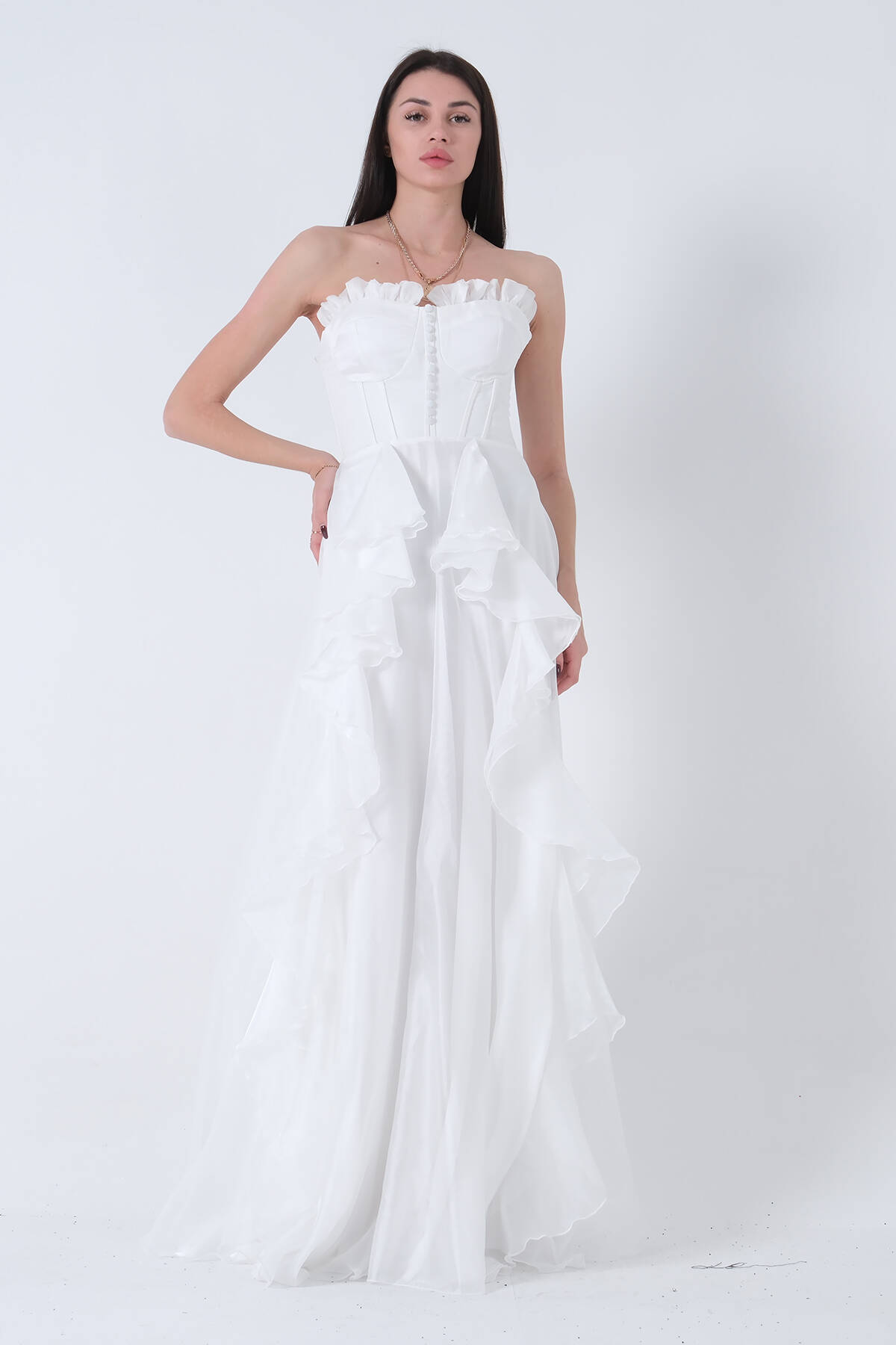 Beyaz Straplez Yaka Yırtmaçlı Eteği Fırfırlı Abiye 9705234.15 - Ardanewline (1)