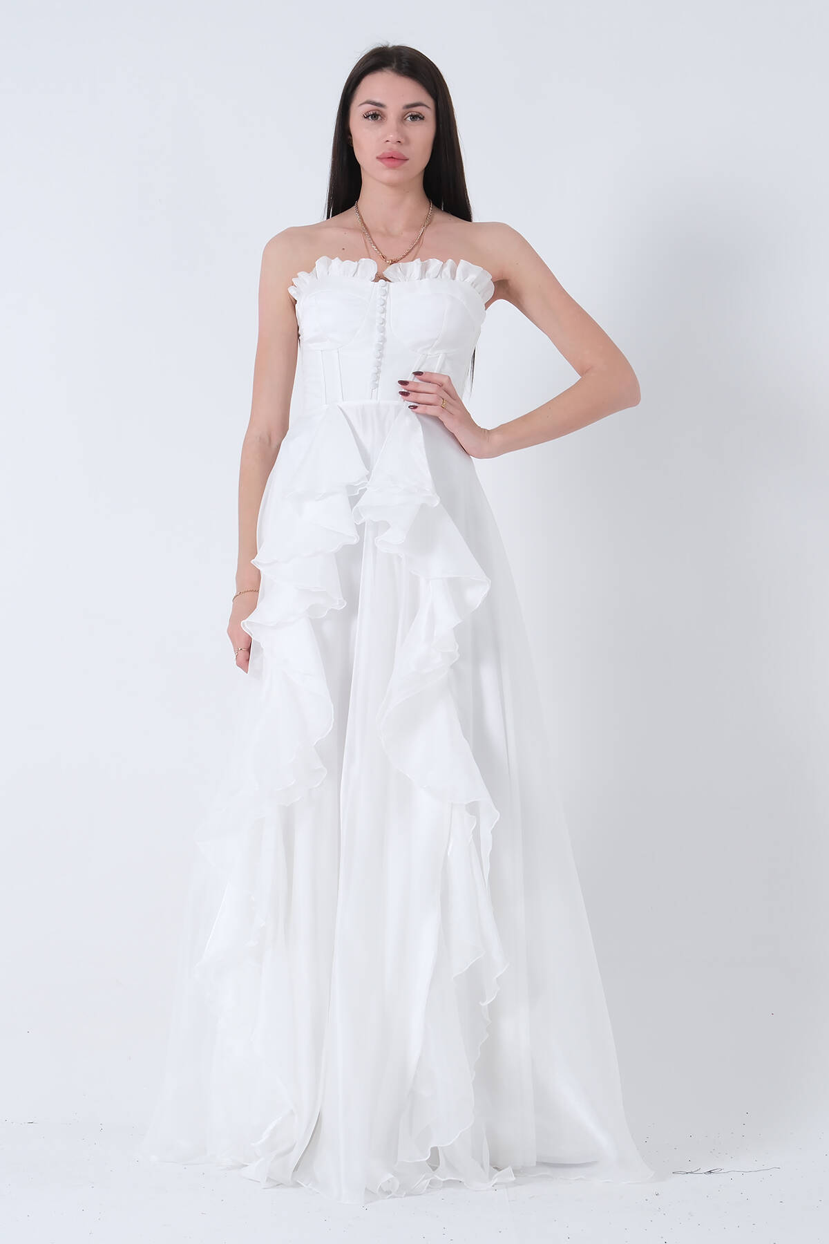 Beyaz Straplez Yaka Yırtmaçlı Eteği Fırfırlı Abiye 9705234.15 - Ardanewline