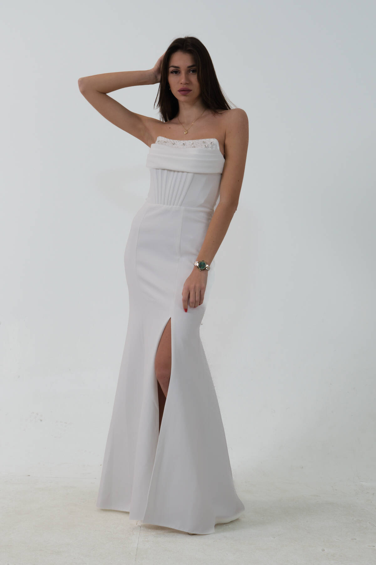 Beyaz Takma Kol Önü Drapeli Taş Detaylı Yırtmaçlı Abiye 0801146.15 - Ardanewline