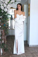 Beyaz Taş Detaylı Drapeli Straplez Saten Abiye 9705556.15 - 3