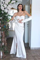 Beyaz Taş Detaylı Drapeli Straplez Saten Abiye 9705556.15 - 4