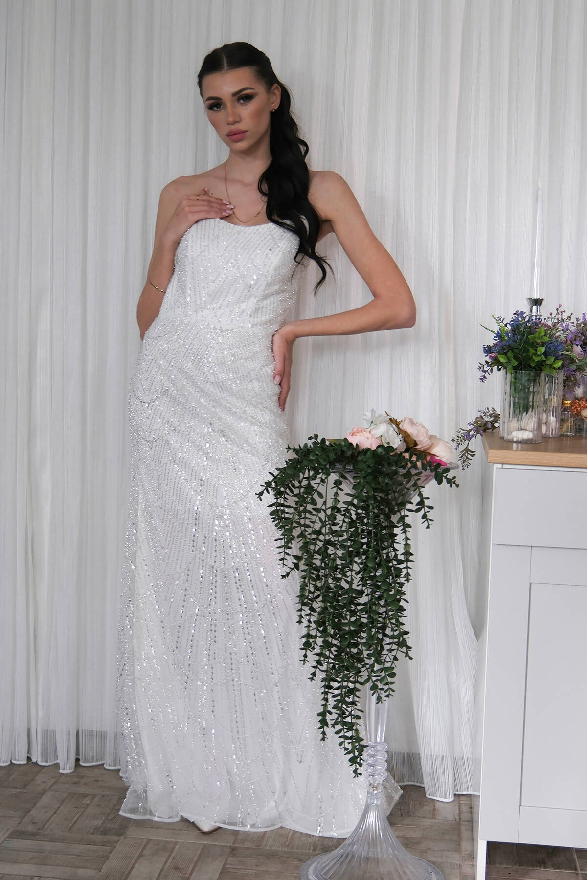 Beyaz Taş İşlemeli Uzun Balık Abiye 0801056.15 - Ardanewline