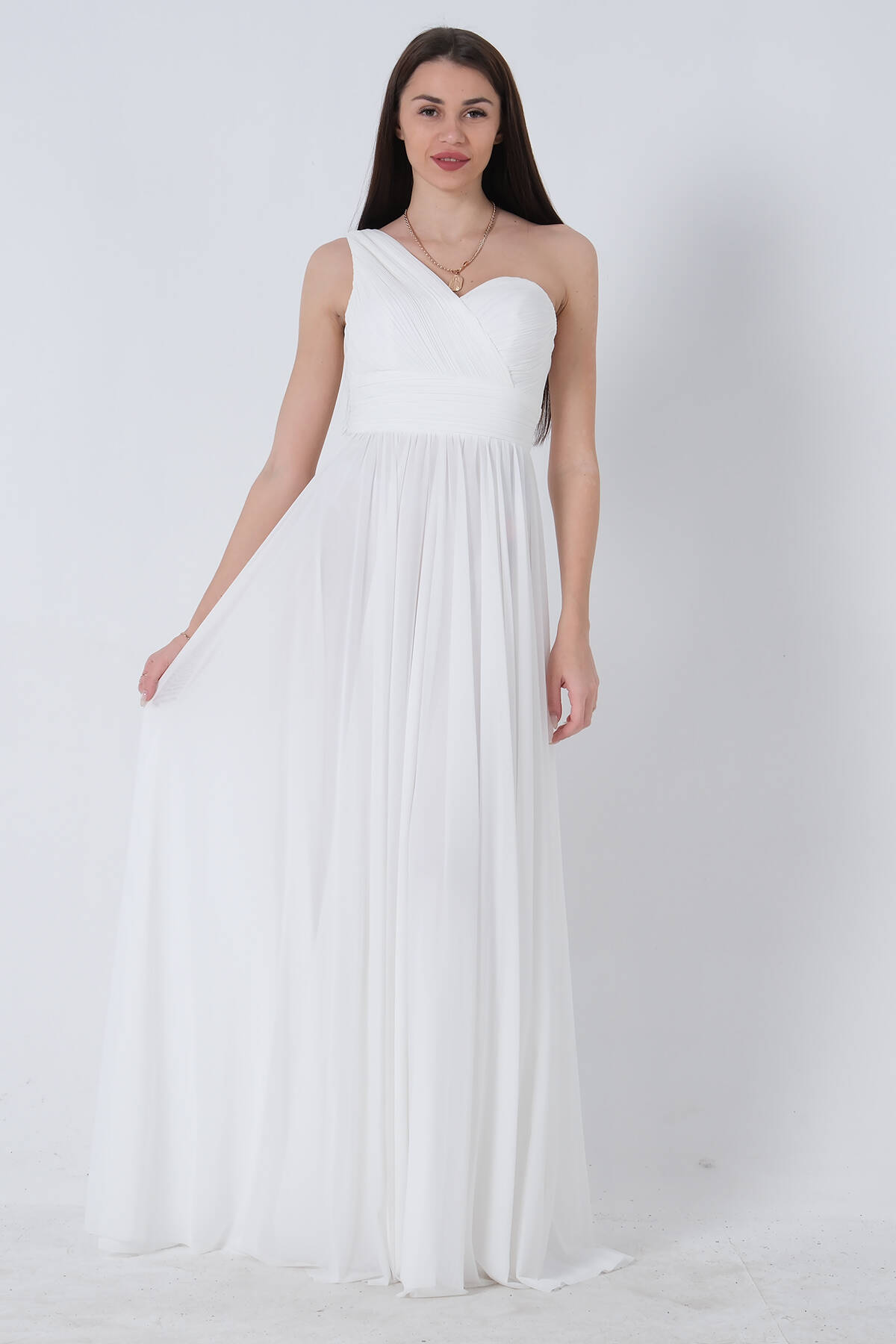 Beyaz Tek Omuz Yırtmaçlı Abiye 9705155.15 - Ardanewline