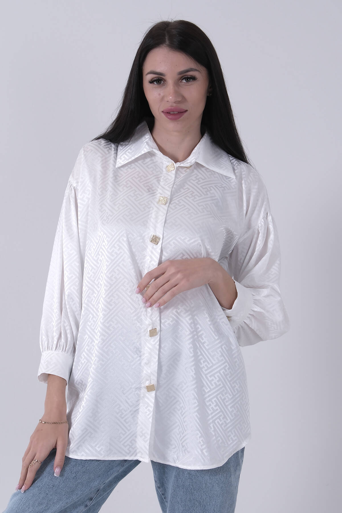 Beyaz Üzeri Desenli Gold Düğme Detaylı Tunik 45951993.15 - Ardanewline (1)