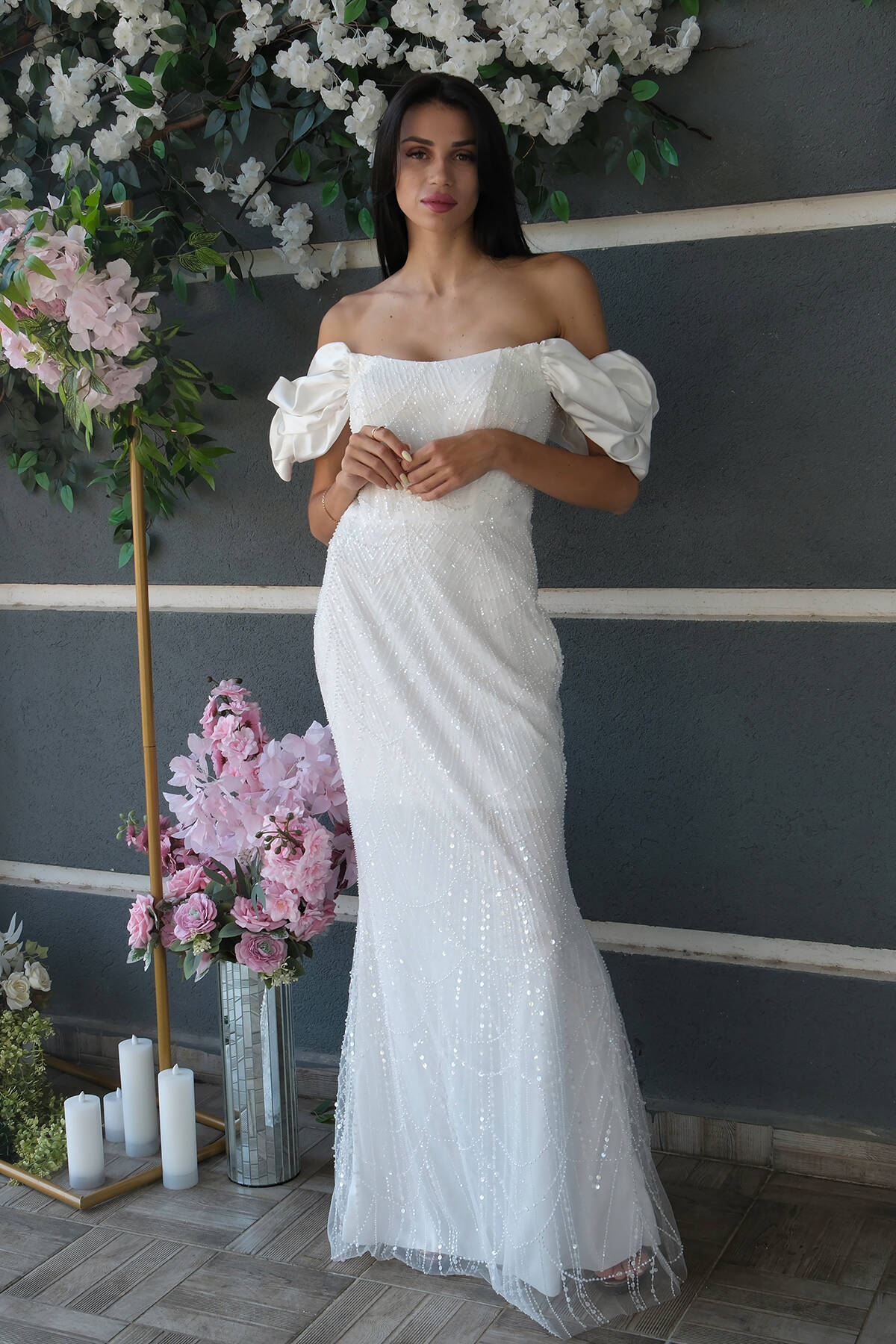 Beyaz Üzeri Taş Boncuk İşlemeli Balon Kol Abiye 9705417.15 - Ardanewline (1)