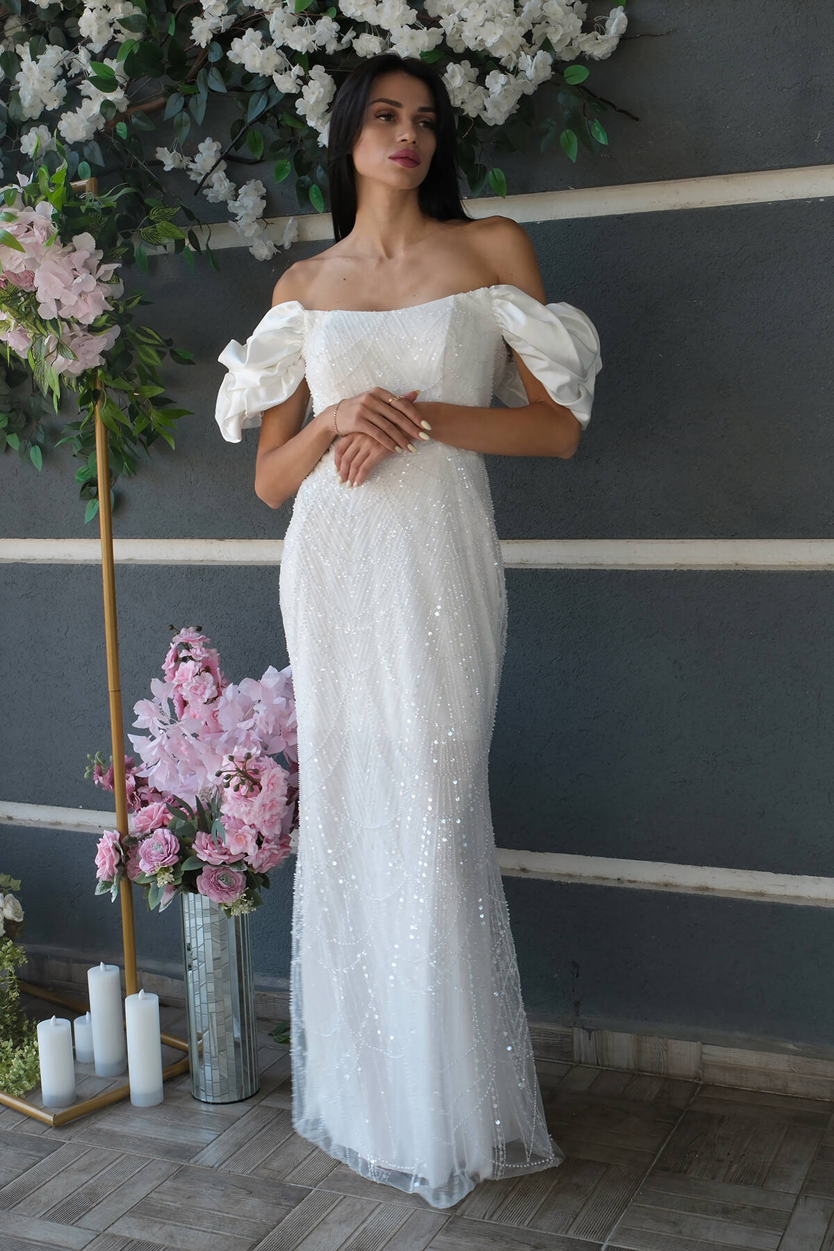 Beyaz Üzeri Taş Boncuk İşlemeli Balon Kol Abiye 9705417.15
