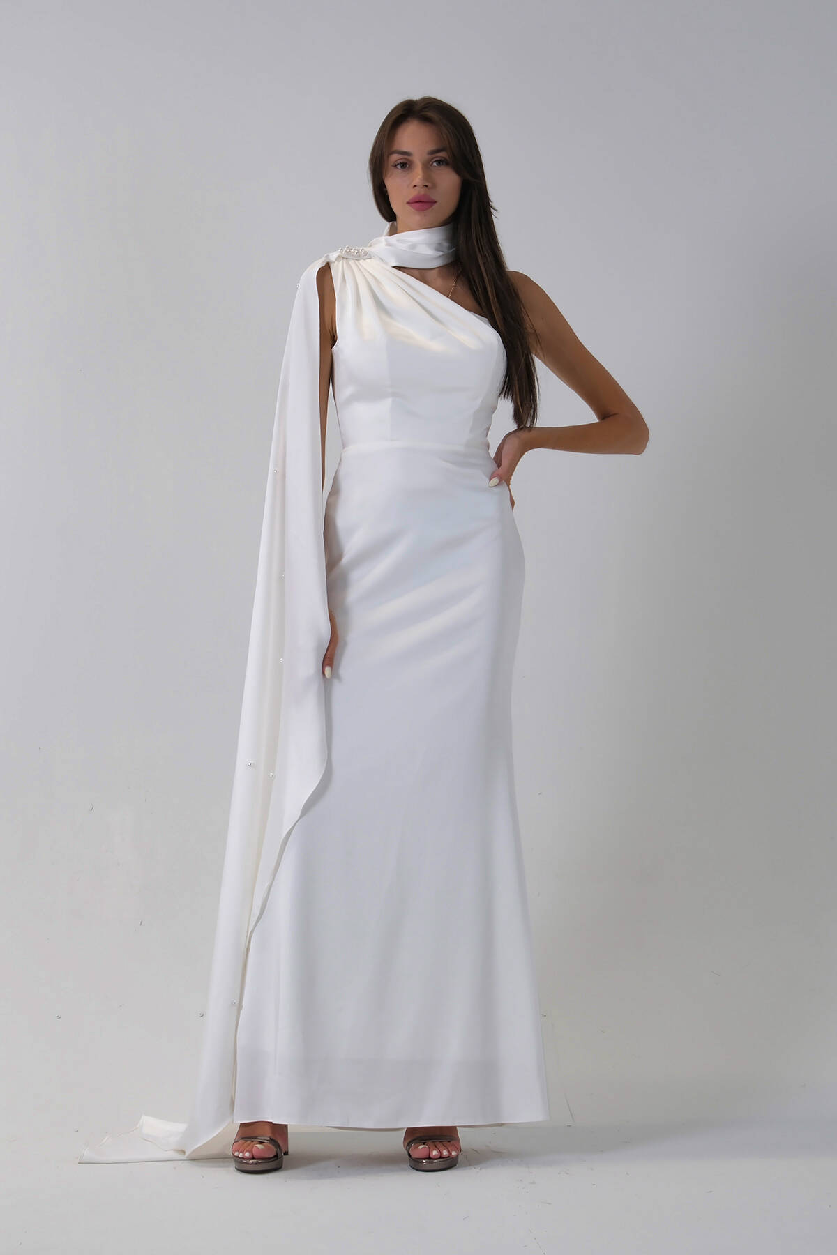 Beyaz Yaka Kuşak Detaylı Tek Omuz Abiye 0801099.15 - Ardanewline