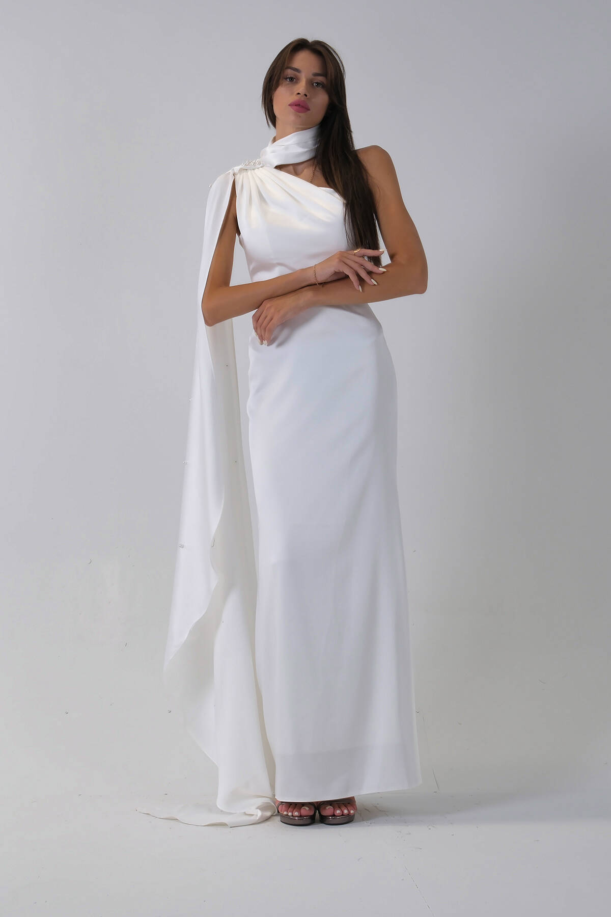 Beyaz Yaka Kuşak Detaylı Tek Omuz Abiye 0801099.15 - Ardanewline (1)