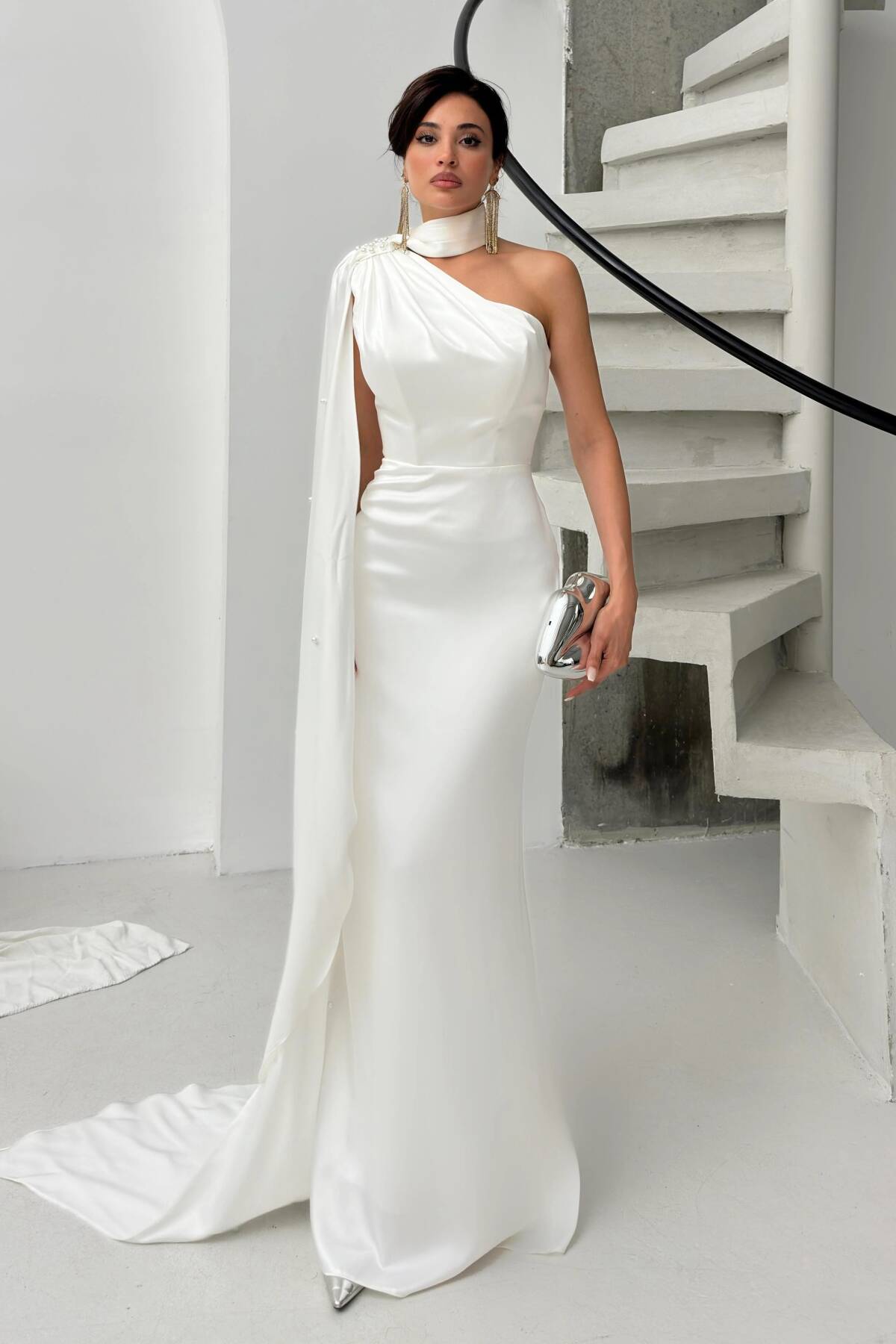 Beyaz Yaka Kuşak Detaylı Tek Omuz Abiye 0801099.15 - Ardanewline