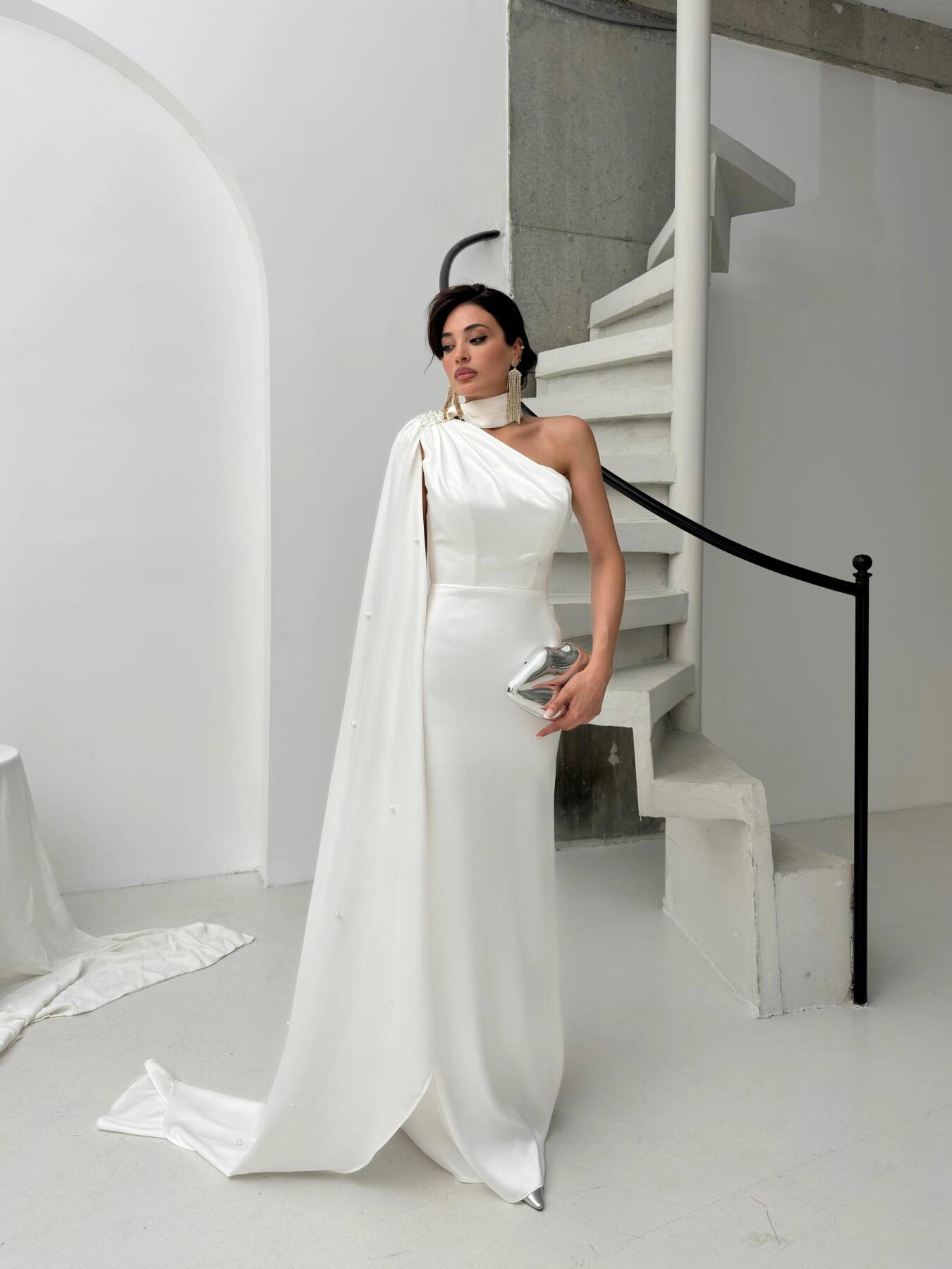 Beyaz Yaka Kuşak Detaylı Tek Omuz Abiye 0801099.15 - Ardanewline (1)