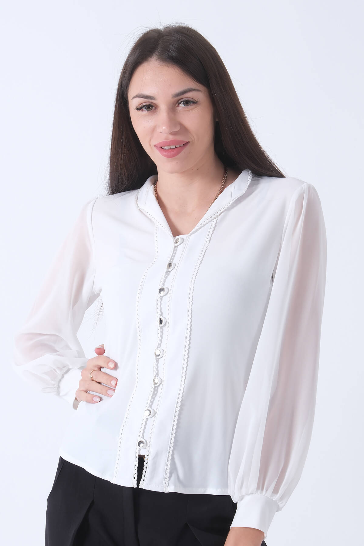 Beyaz Yaka ve Düğme Dantel Detaylı Gömlek 4202761.15 - Ardanewline