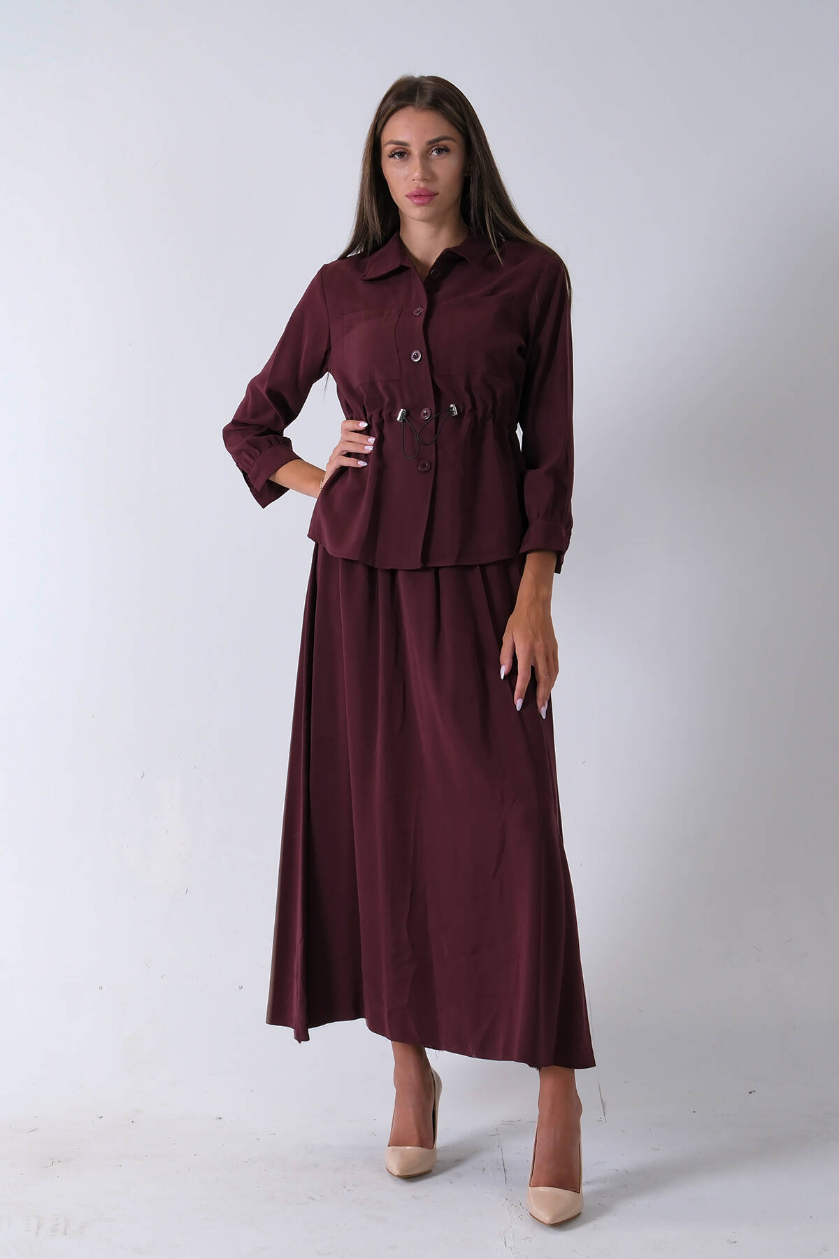 Bordo 2 Cep Detaylı Belden Lastikli Etekli Takım 4592257.04 - Ardanewline