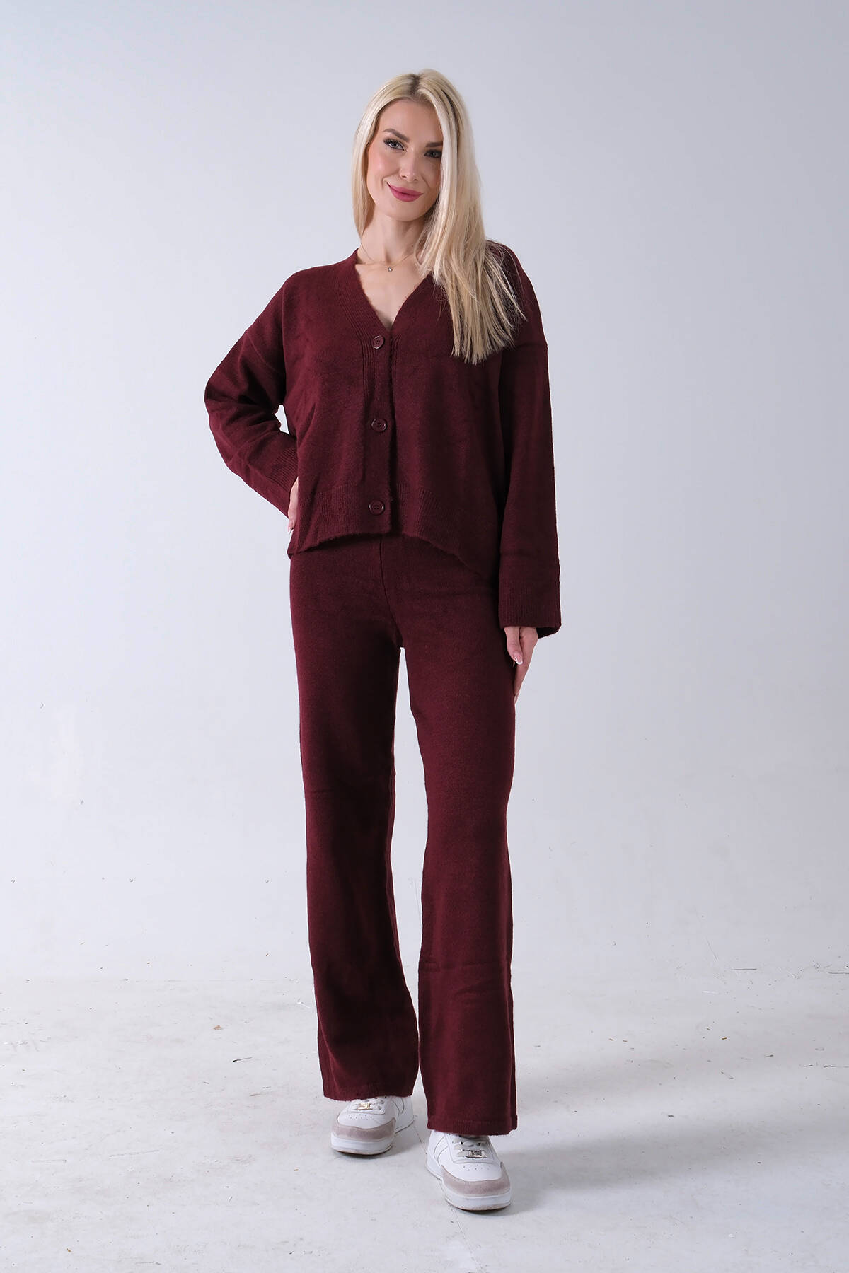 Bordo 3 Düğme Hırka Kapamalı Beli Lastikli Pantolonlu Triko Takım 46892606.04 - Ardanewline