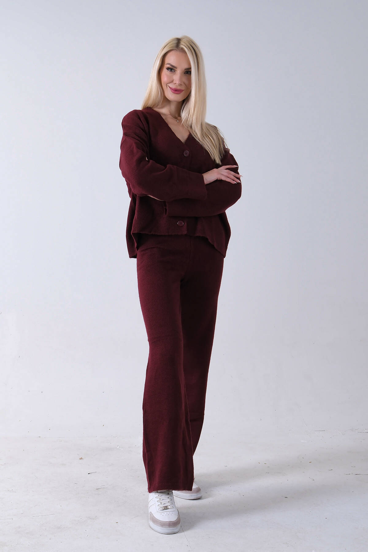 Bordo 3 Düğme Hırka Kapamalı Beli Lastikli Pantolonlu Triko Takım 46892606.04 - Ardanewline (1)