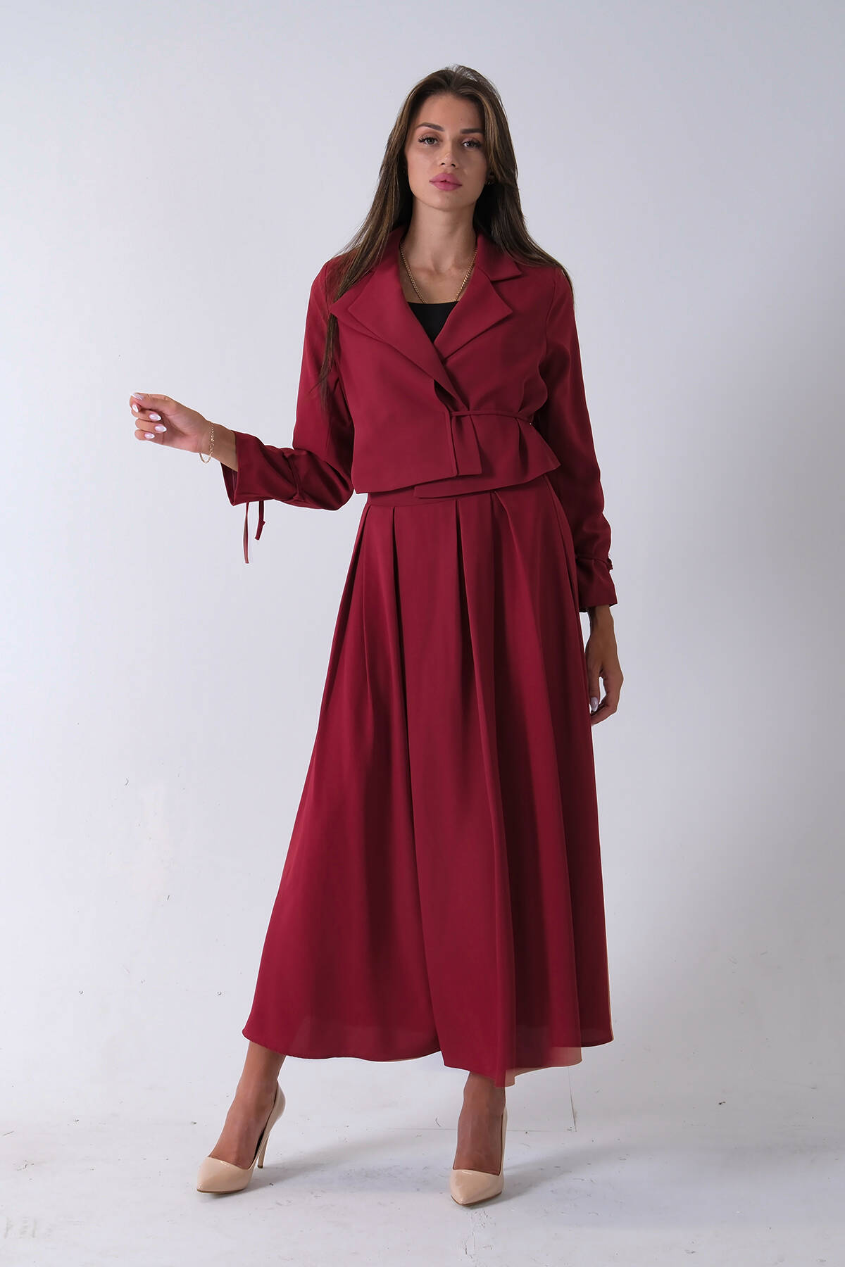 Bordo Bel ve Bilek Bağlama Detaylı Crop Ceket Etekli Takım 4592249.04 - Ardanewline