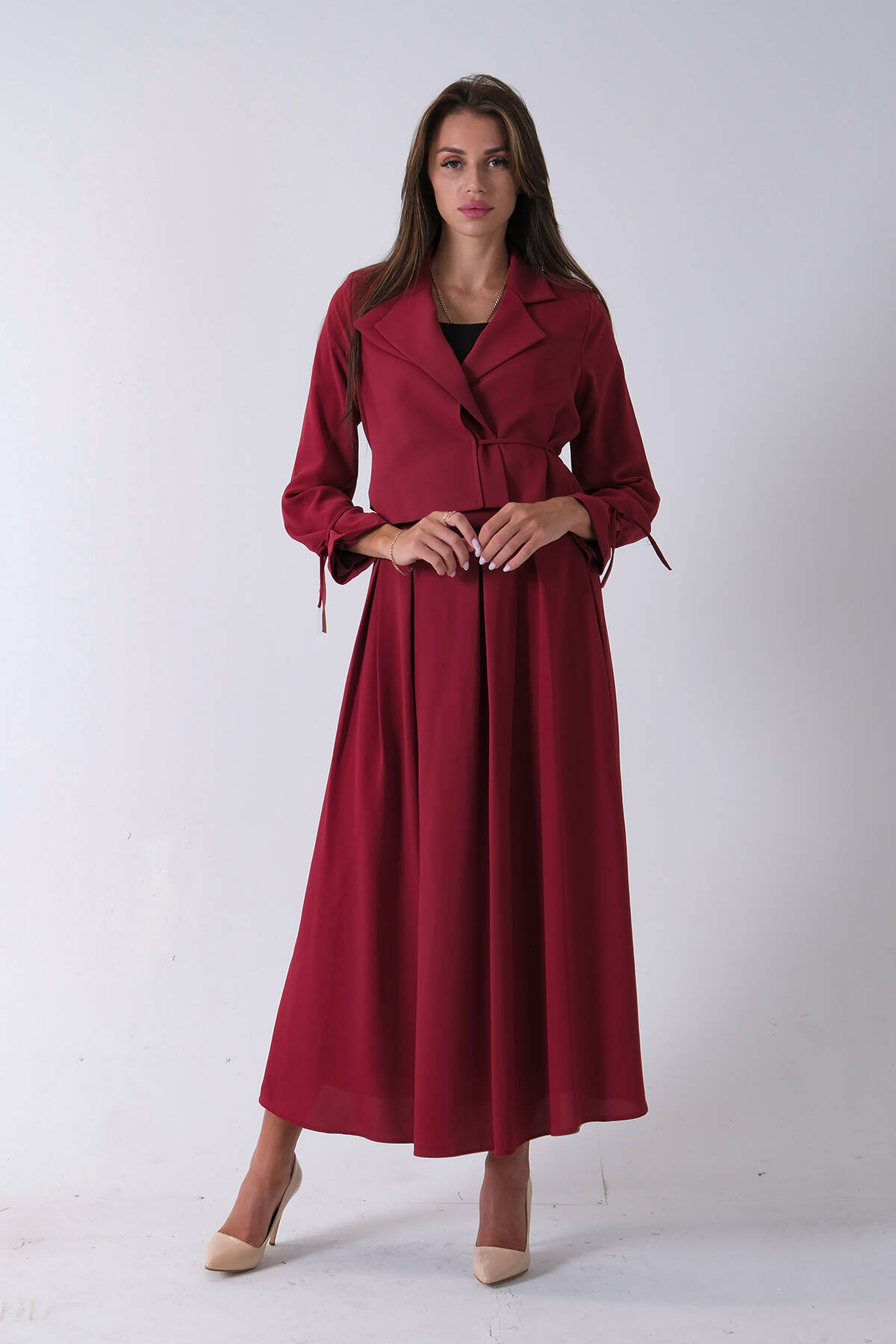 Bordo Bel ve Bilek Bağlama Detaylı Crop Ceket Etekli Takım 4592249.04 - Ardanewline (1)