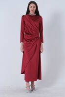 Bordo Bel ve Yaka Taş İşlemeli Yırtmaç Detaylı Tesettür Elbise 7702242.04 - 1